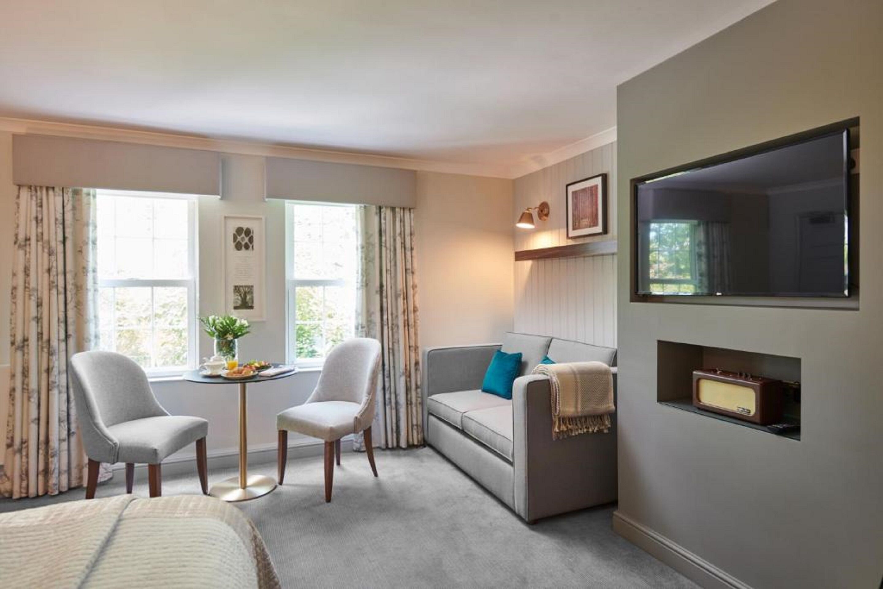 A hotel room with a bed, two chairs, a small table with a plant, a sofa with a throw blanket, a TV, and a framed picture on the wall.