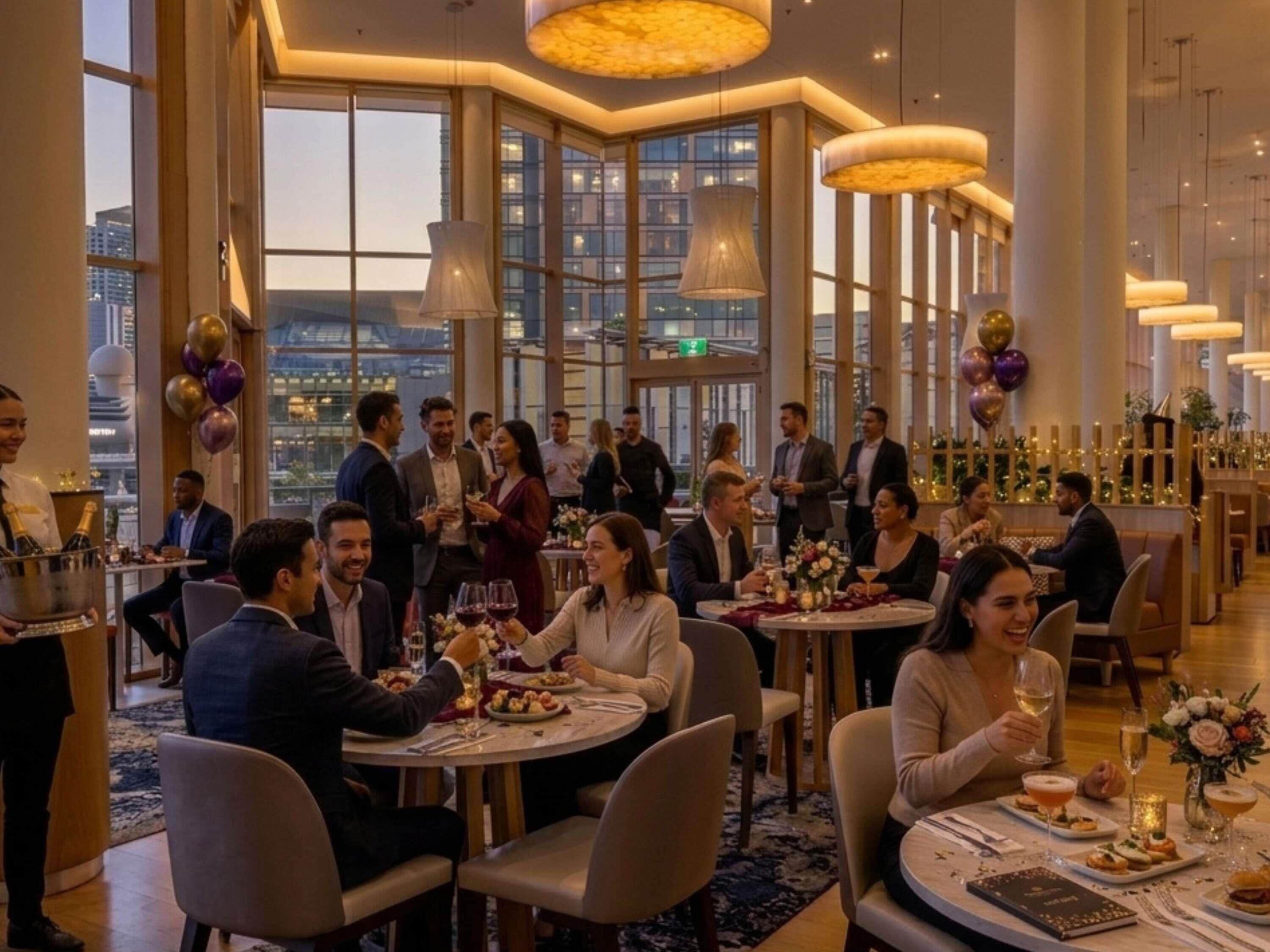 Un vaste espace dédié à la salle à manger, avec des tables rondes, de grandes fenêtres et un éclairage moderne suspendu au plafond.