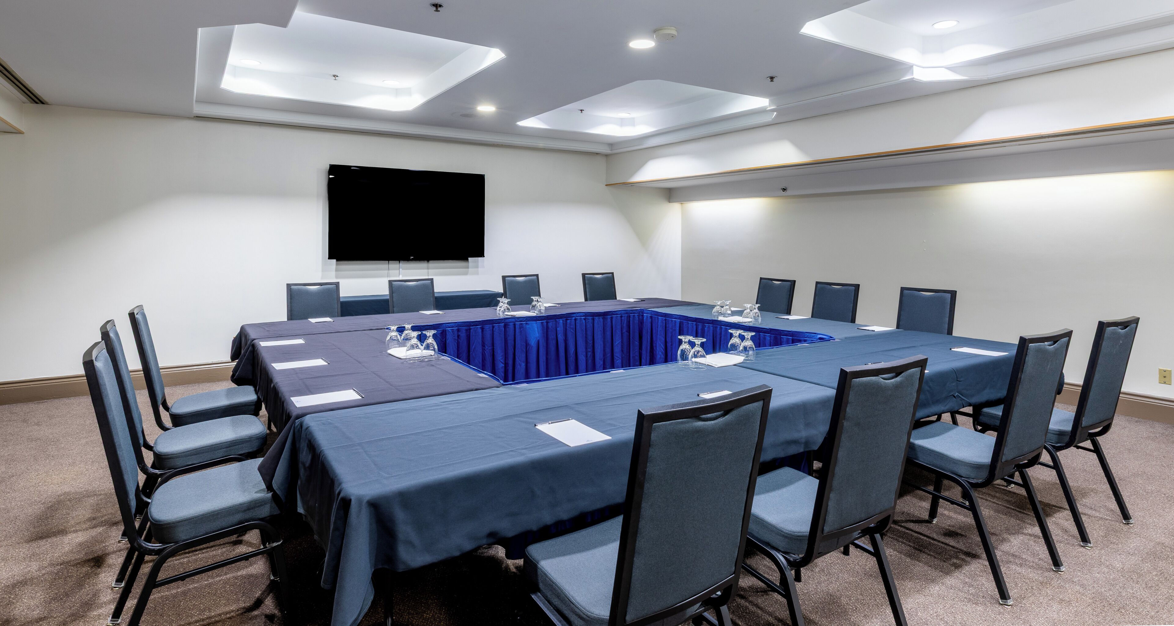 A conference room with a long table, chairs, a flat-screen TV, and ceiling lights.