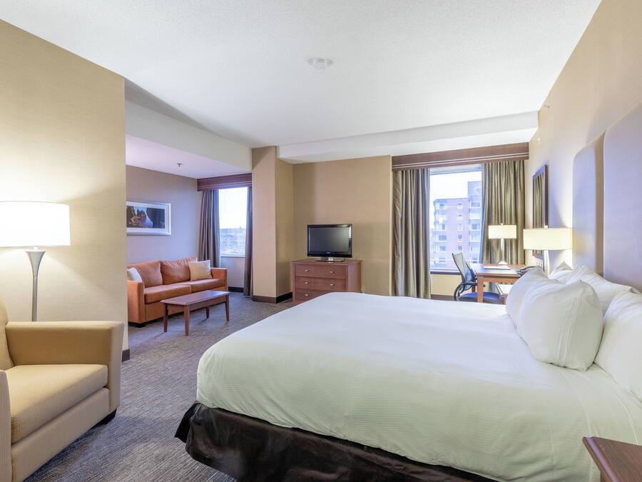 A hotel room with a large bed, a desk, a chair, a sofa, a television, and a window with curtains.