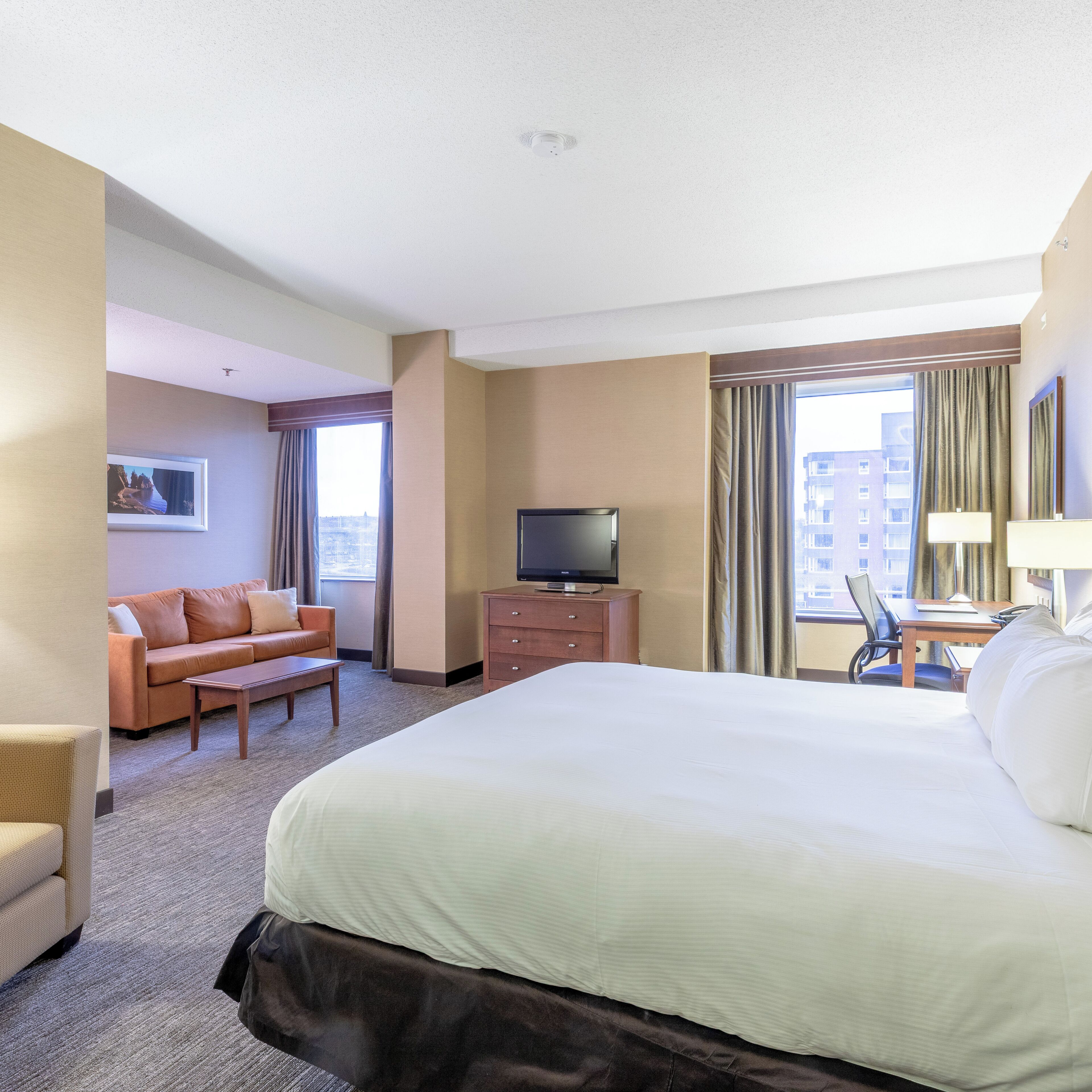 A hotel room with a large bed, a TV, a desk, and a sofa.