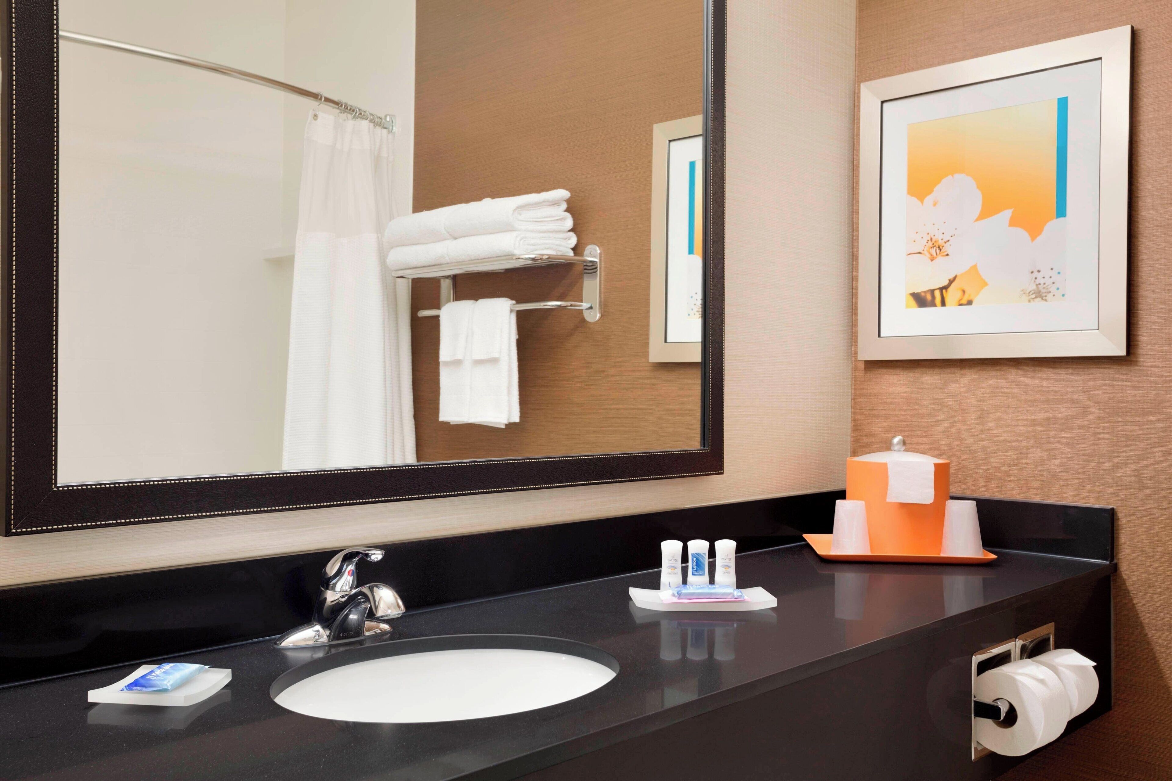 Casa de banho de hotel com um espelho grande, uma pia, um porta-toalhas, um quadro emoldurado e produtos de higiene pessoal no balcão.