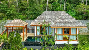 A two-story house with a swimming pool, surrounded by lush greenery and palm trees.