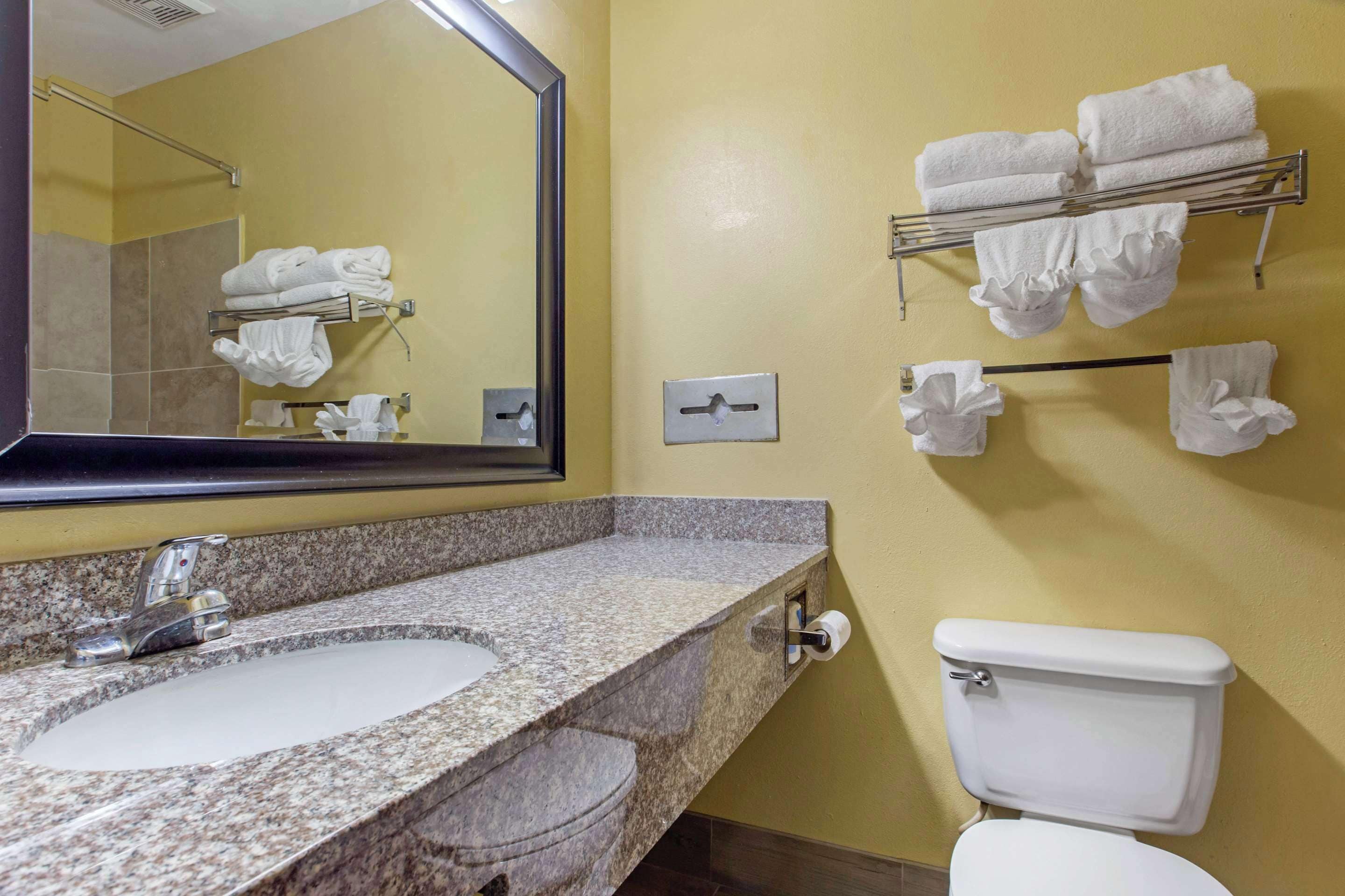A bathroom with a granite sink, a mirror, a toilet, and towel racks.