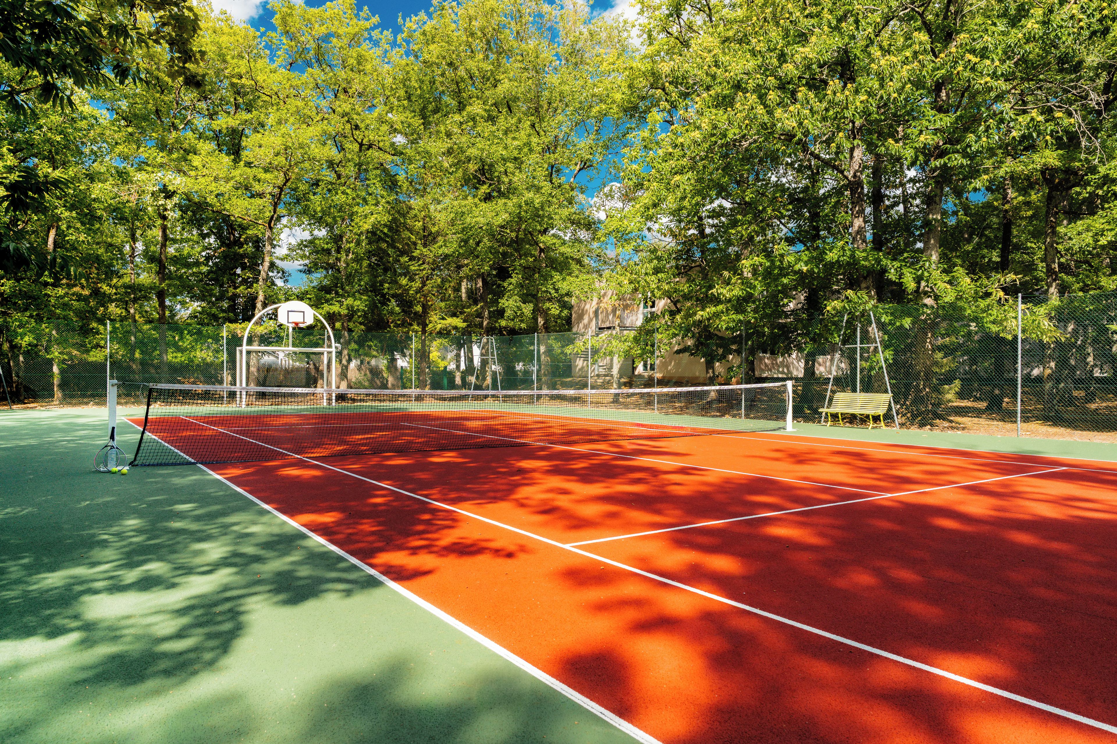 En tennisplan med nät, omgiven av träd och ett staket.
