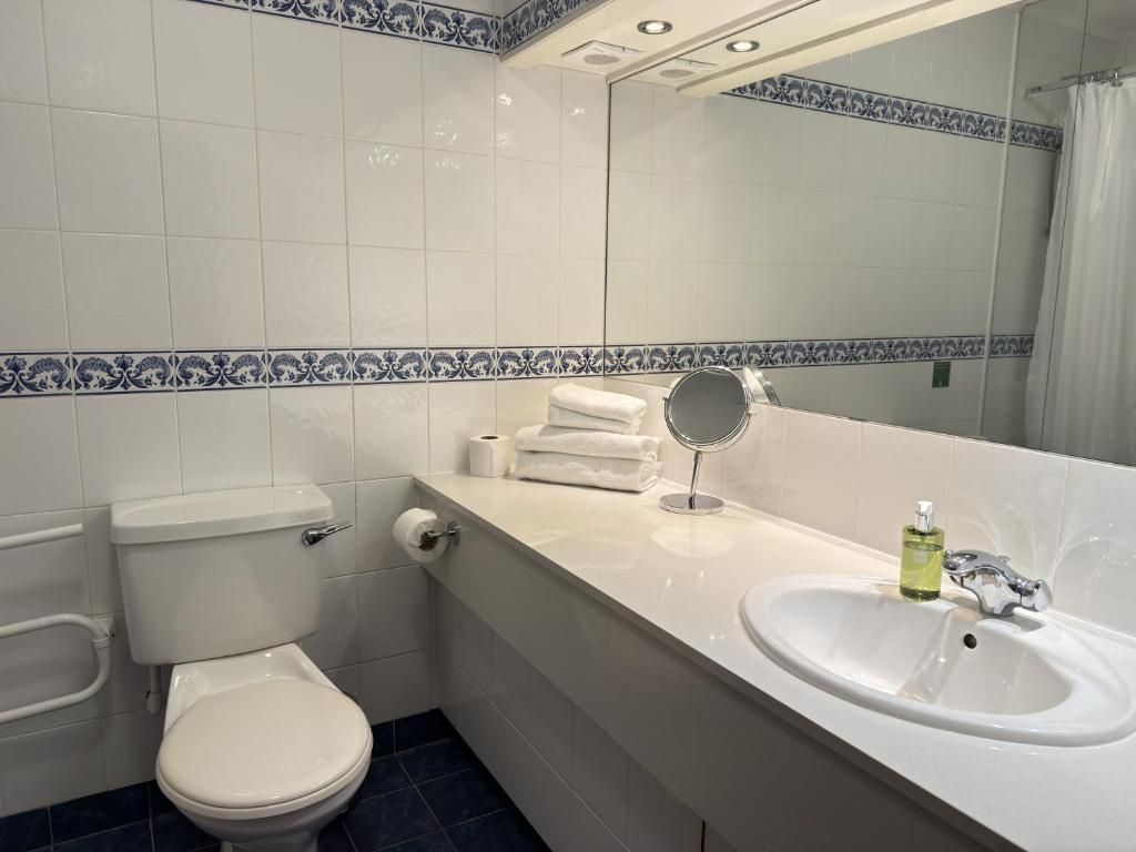 A bathroom with a toilet, sink, and mirror.