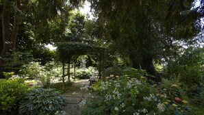 A garden pathway with a wooden pergola, surrounded by lush greenery and flowering plants.
