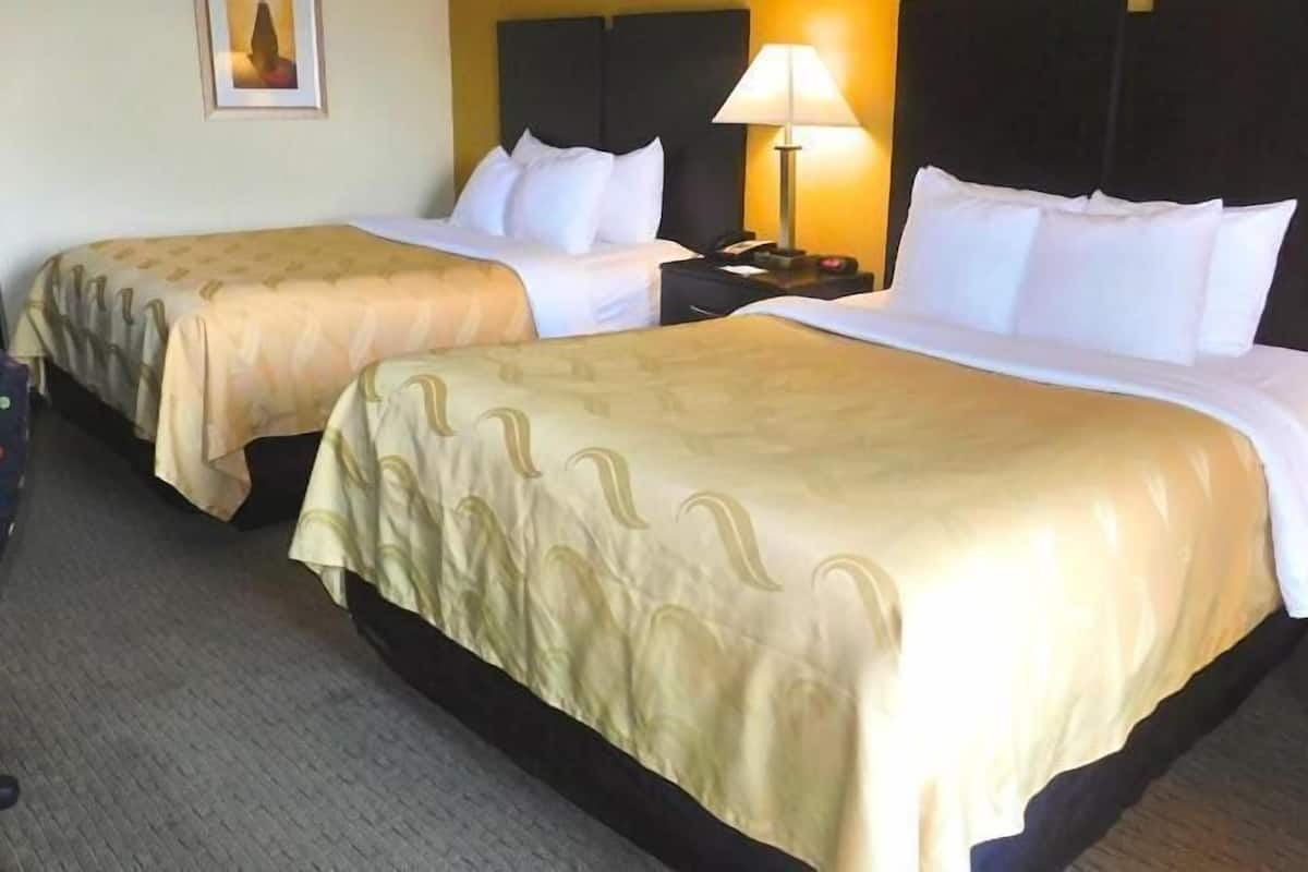 A hotel room with two beds, a nightstand with a lamp, a chair, and a framed picture on the wall.