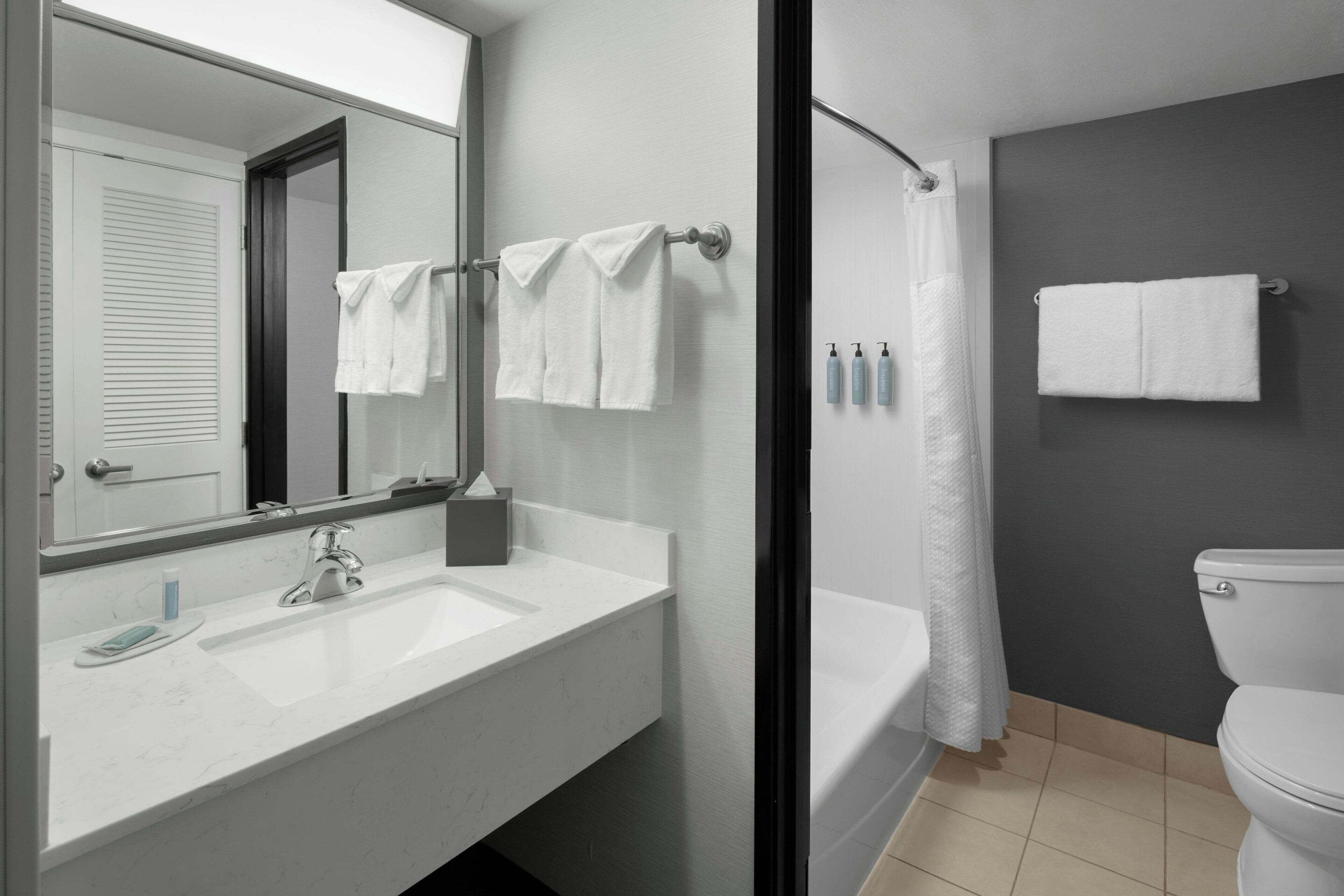 Ein modernes Badezimmer mit einem weißen Waschbecken, einem Spiegel, einem Handtuchhalter mit zwei Handtüchern, einer Duschvorhang und einer Toilette.