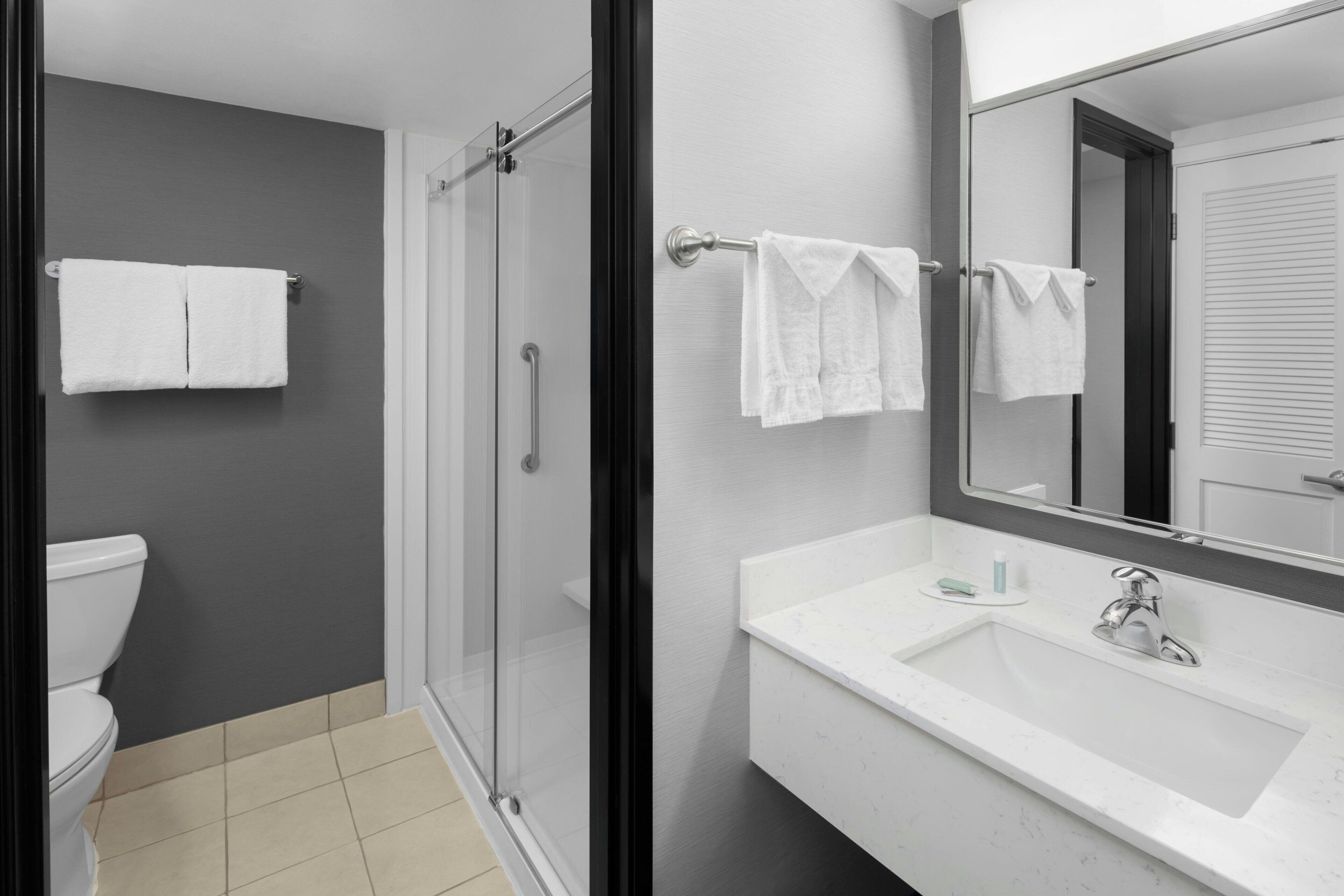 combined shower/bathtub, free toiletries, hair dryer, towels