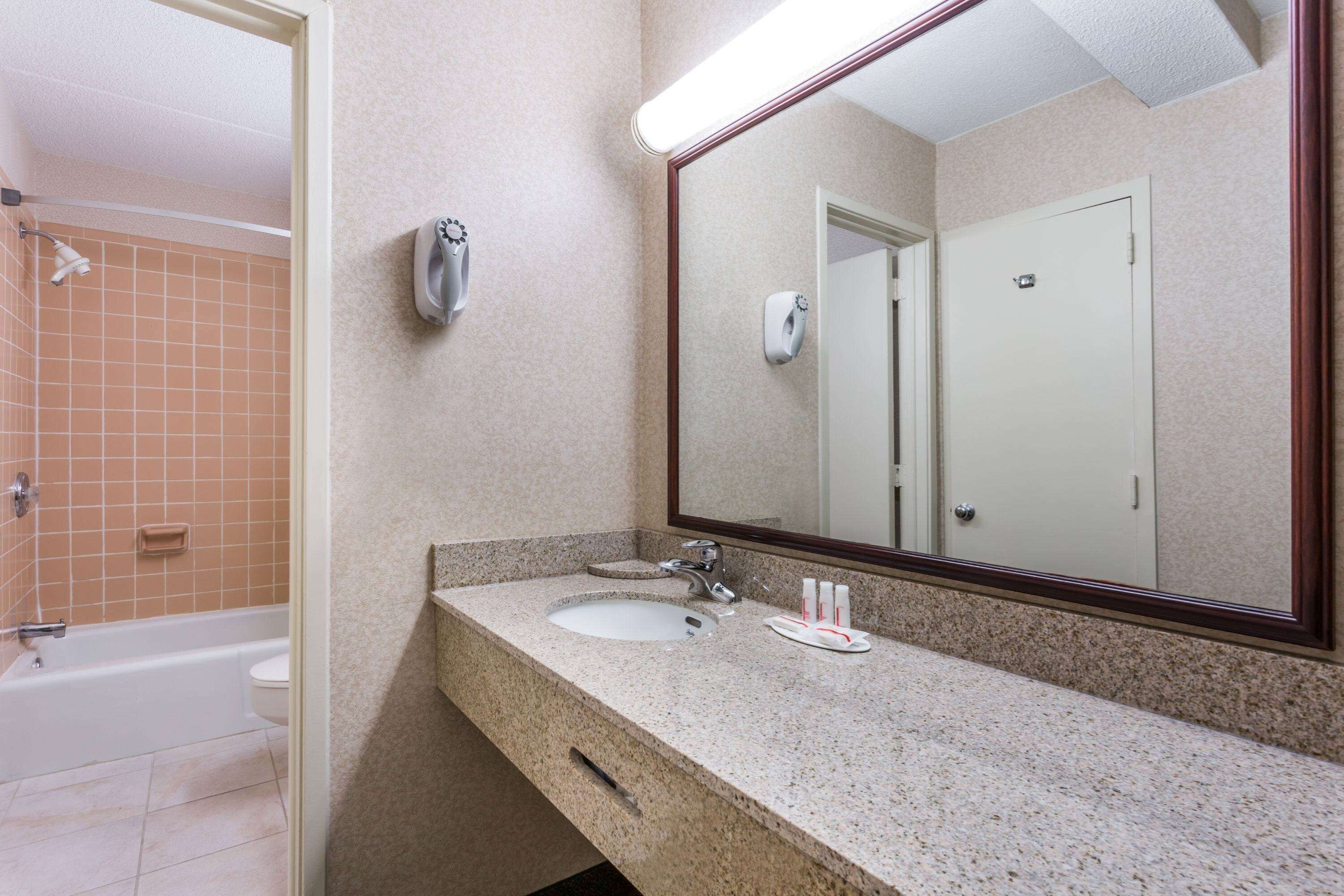A bathroom with a sink, mirror, and shower.