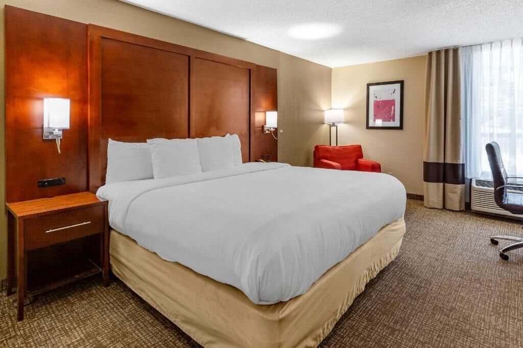 Premium bedding, memory foam beds, desk, laptop workspace
