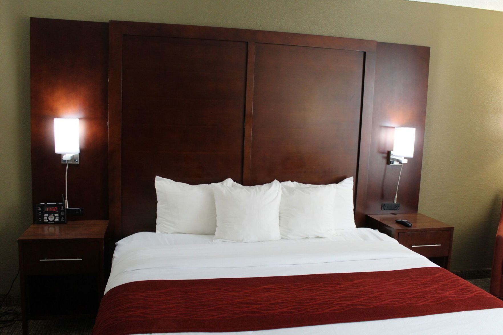 Premium bedding, memory foam beds, desk, laptop workspace