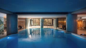 Indoor pool, open 4:30 PM to 8:30 PM, sun loungers