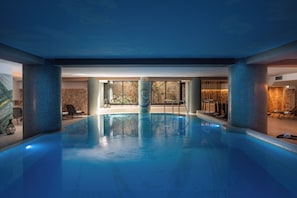 Indoor pool, open 4:30 PM to 8:30 PM, pool loungers