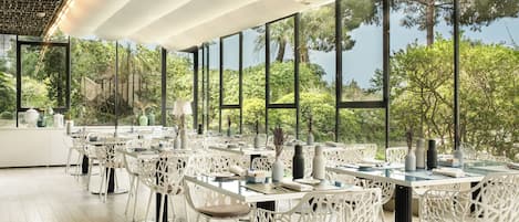 Un amplio espacio exterior para comer con sillas y mesas blancas, grandes ventanales que ofrecen vistas a árboles y un cielo despejado.