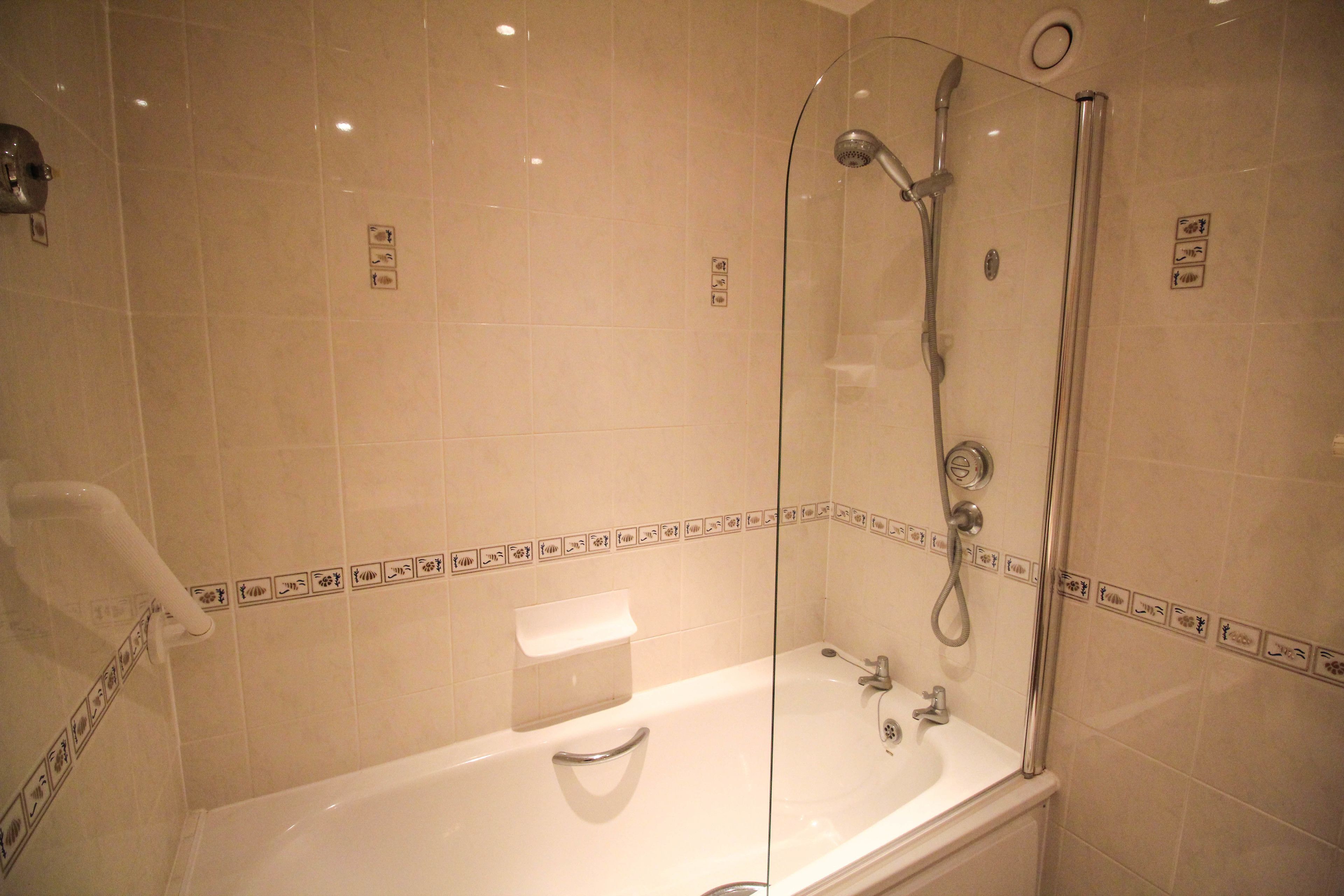 combined shower/bathtub, free toiletries, hair dryer, towels