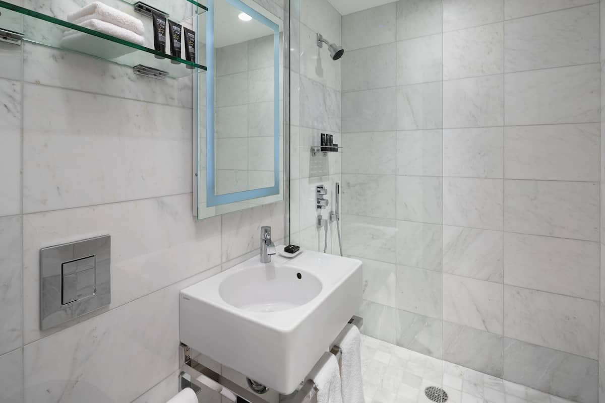 Douche, articles de toilette de luxe, sèche-cheveux, peignoirs