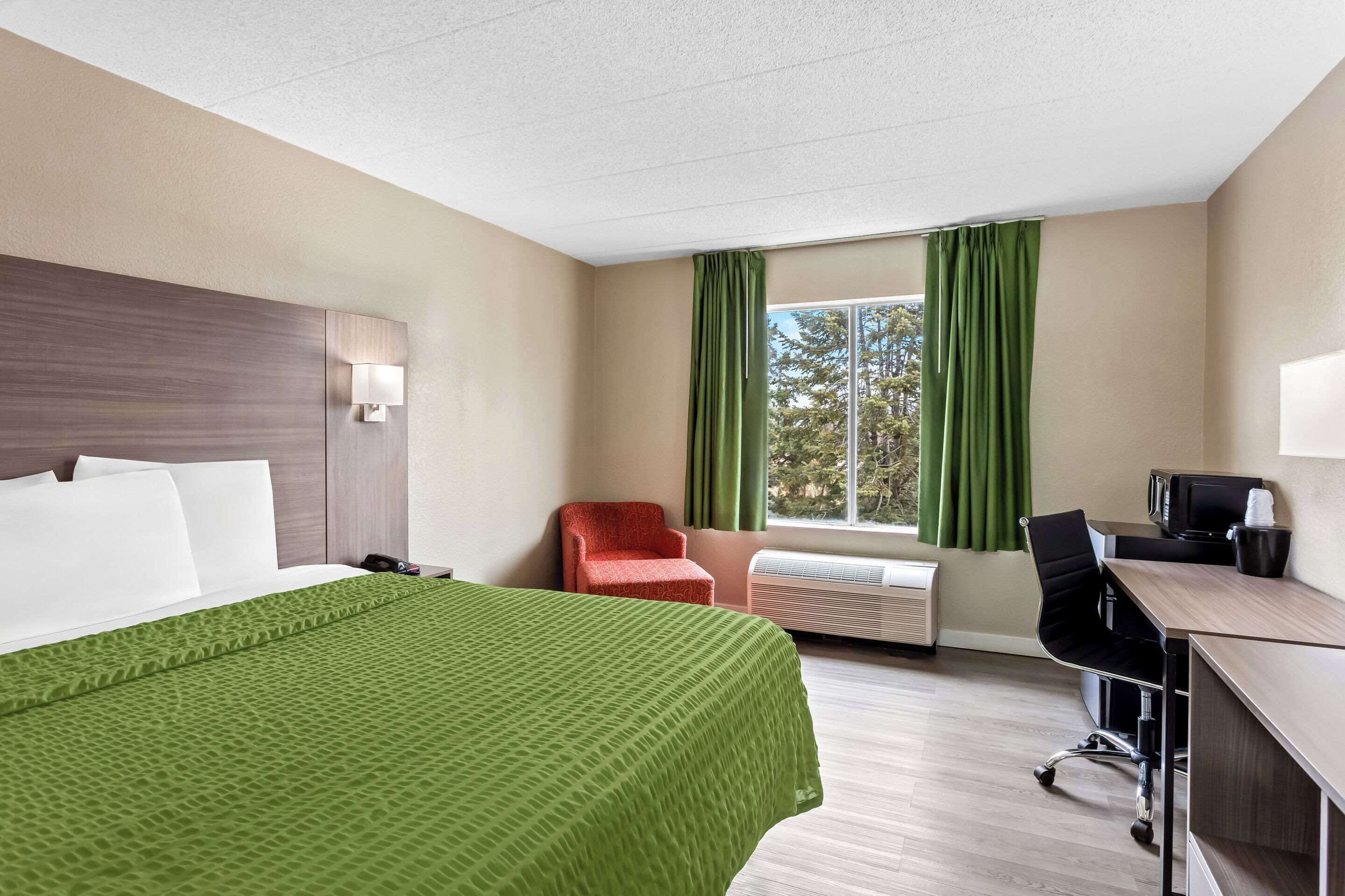 Une chambre d’hôtel équipée d’un lit, d’un bureau, d’une chaise, d’une télévision et d’une fenêtre avec des rideaux.