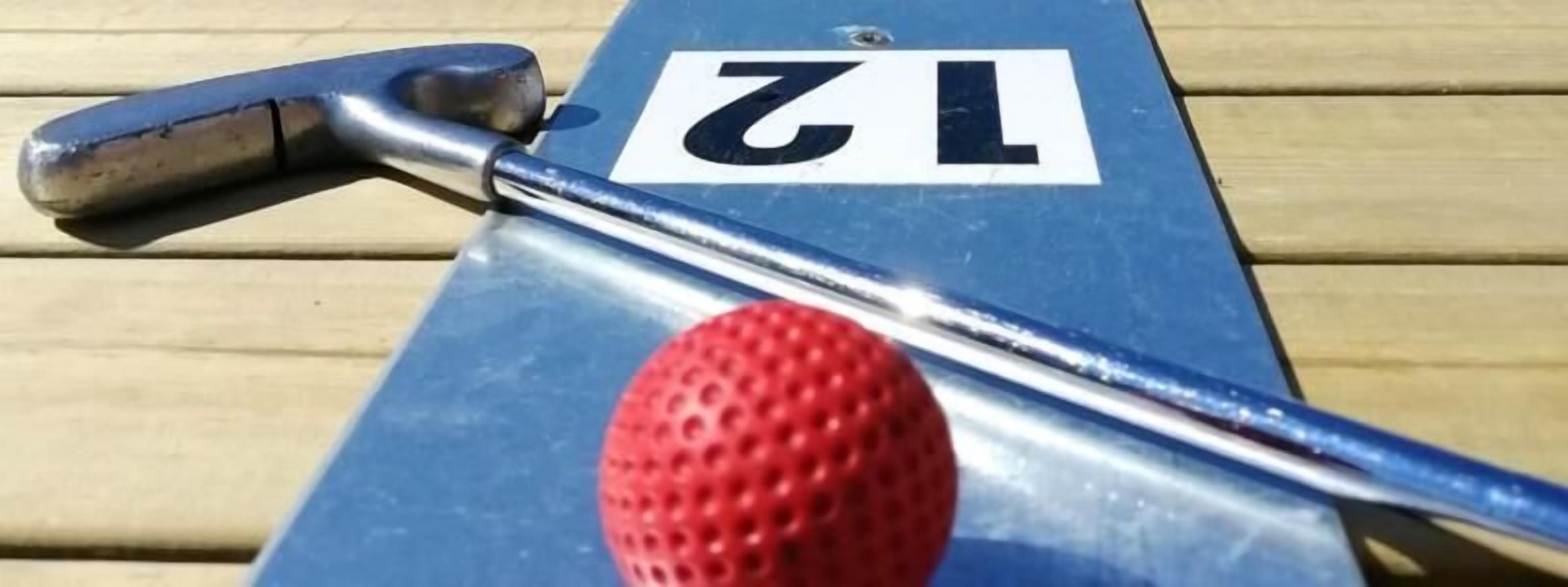 A metal golf club with a red ball on a blue mat marked with the number 12.