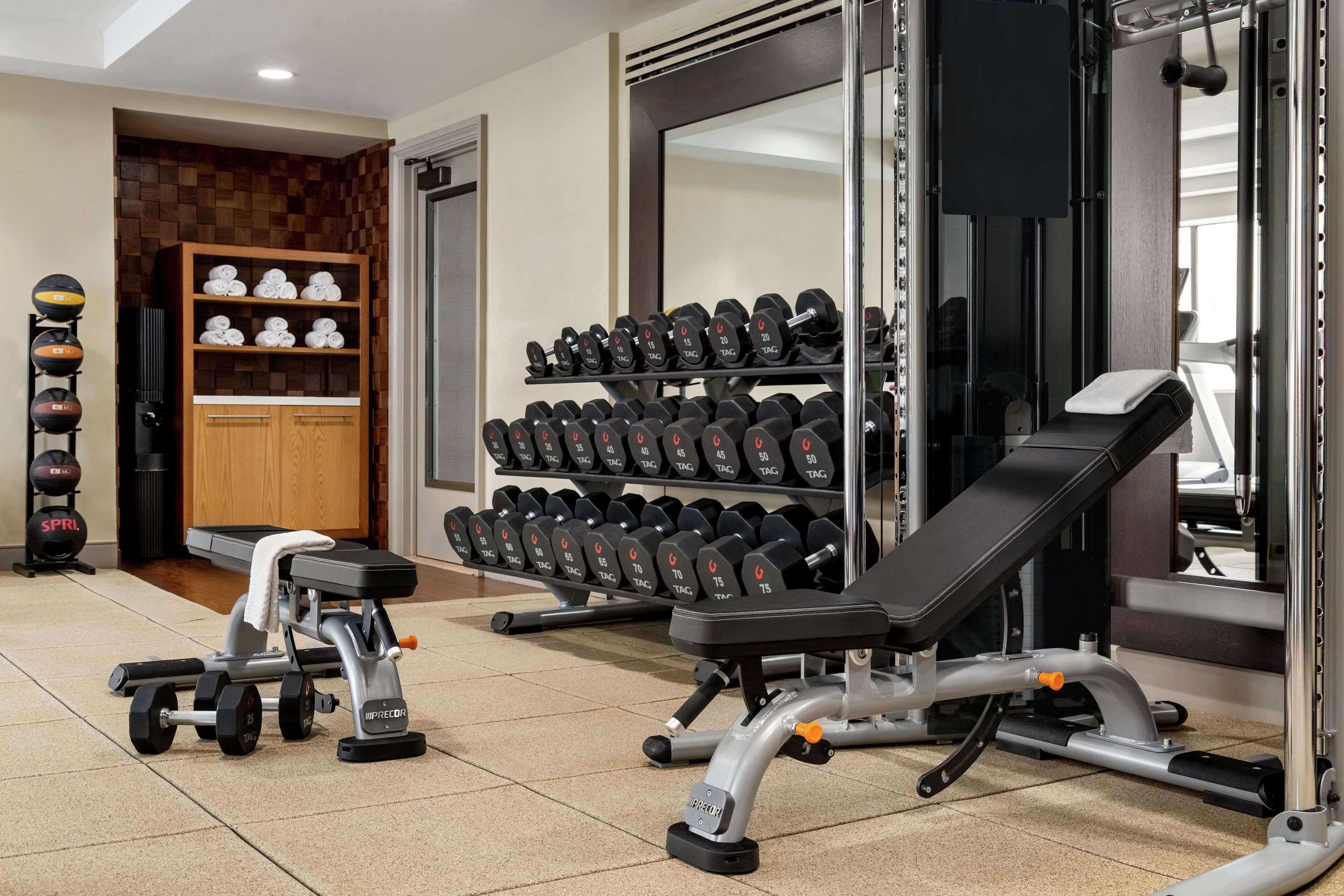 A gym with weightlifting equipment, including dumbbells and a bench.