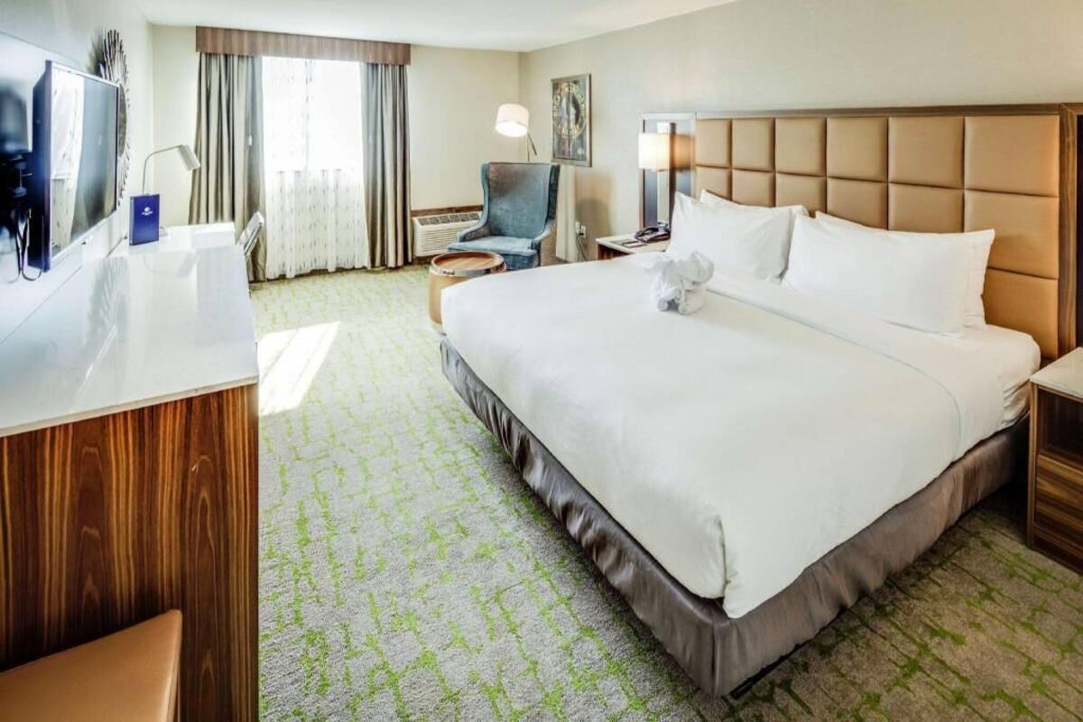 Camera d'albergo con un letto grande, una scrivania, una sedia, una televisione e una finestra con tende.