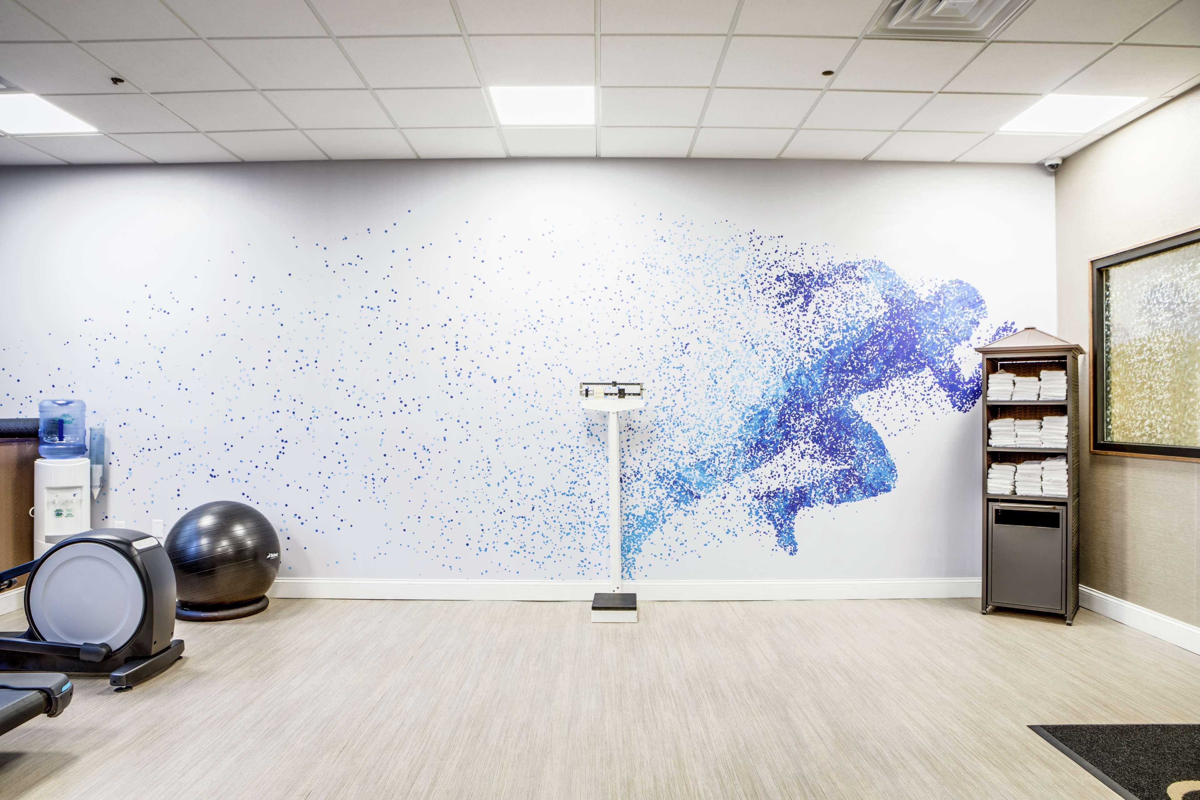 A room with a large wall mural, exercise equipment, and a shelving unit.