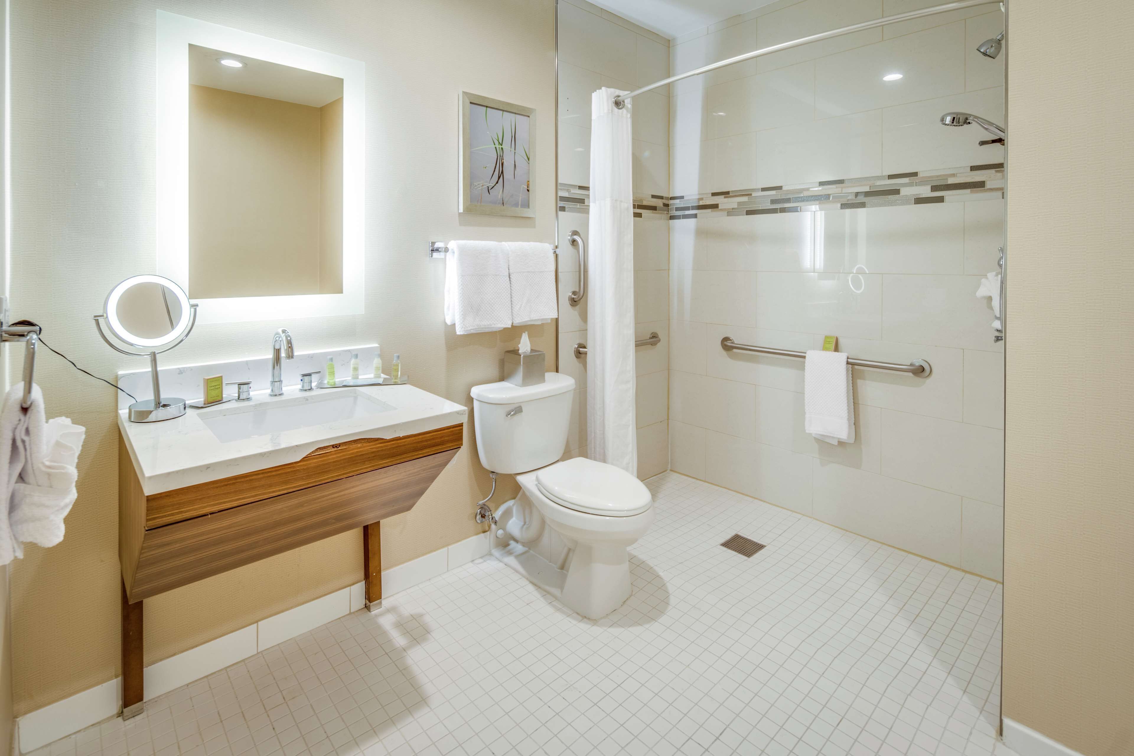 A modern bathroom with a toilet, sink, mirror, and shower area.