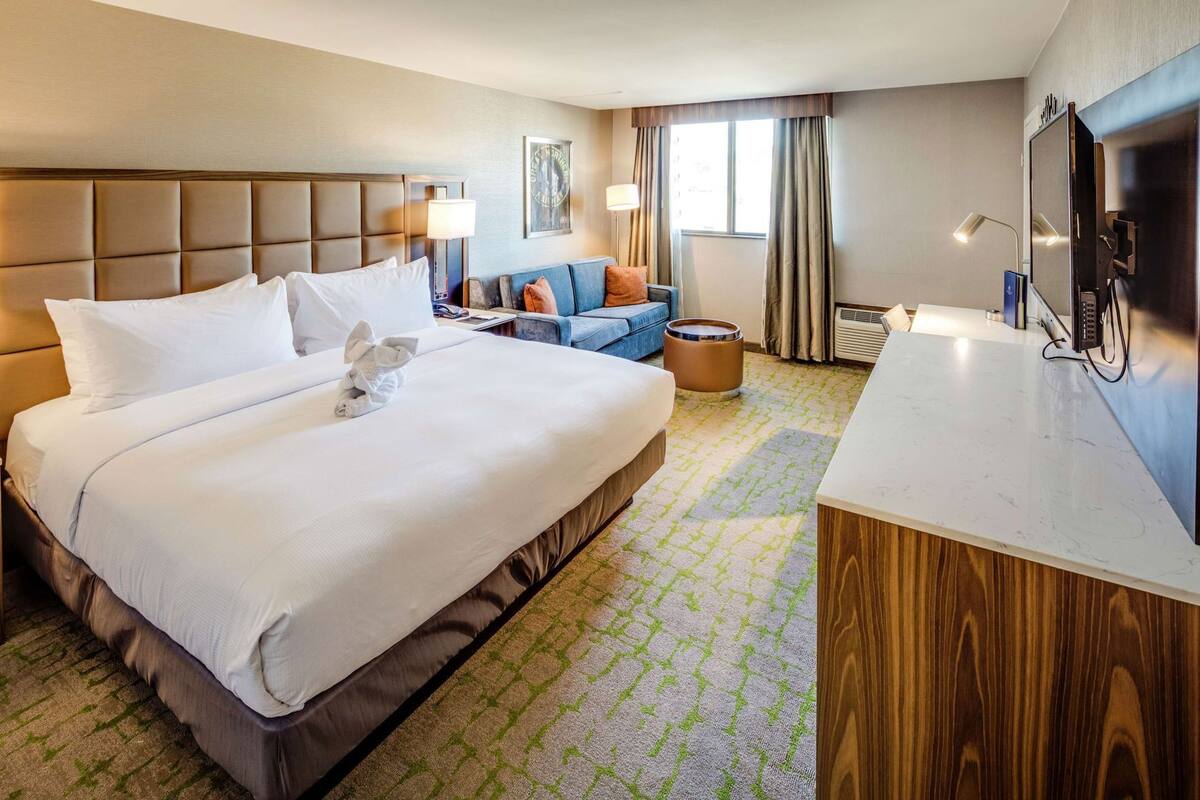 Una camera d'albergo con un letto grande, un divano, una scrivania e una televisione.