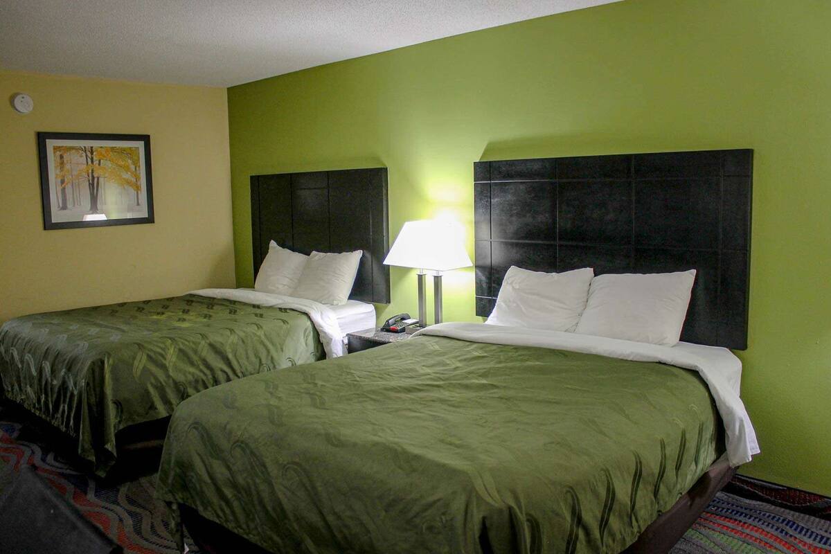 A hotel room with two beds, green walls, a framed picture on the wall, and a nightstand with a lamp.