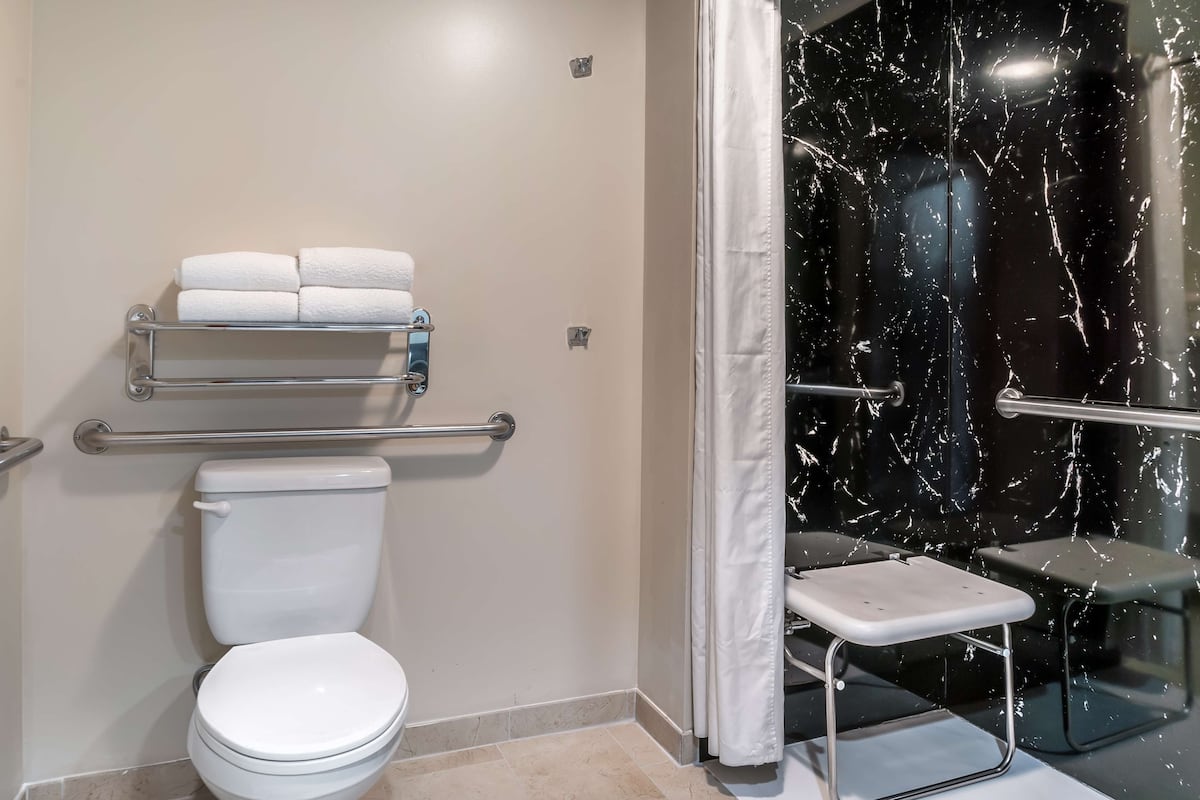 combined shower/bathtub, hair dryer, towels
