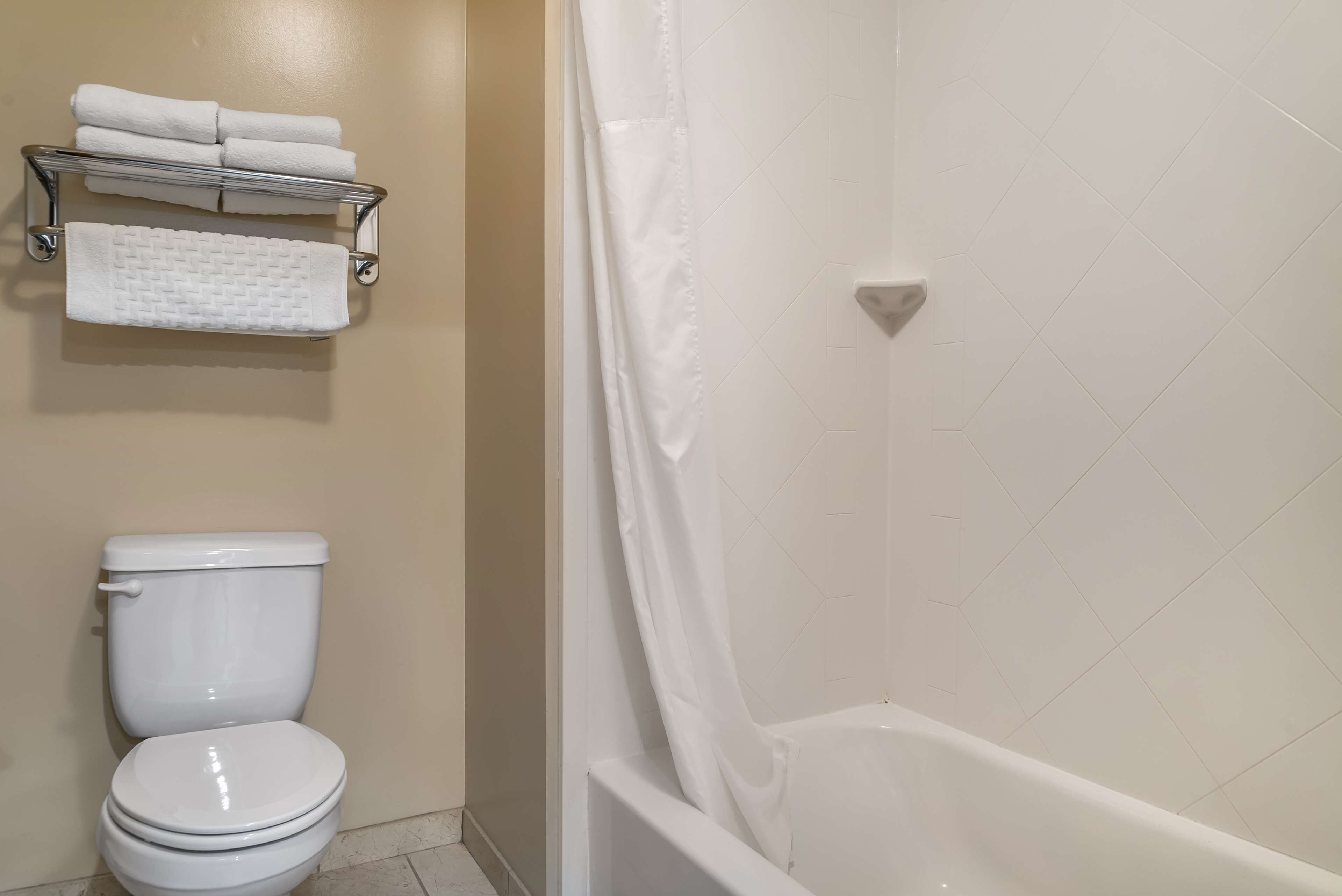 Une salle de bain comprenant des toilettes, un porte-serviettes avec des serviettes pliées et un espace douche avec un rideau.