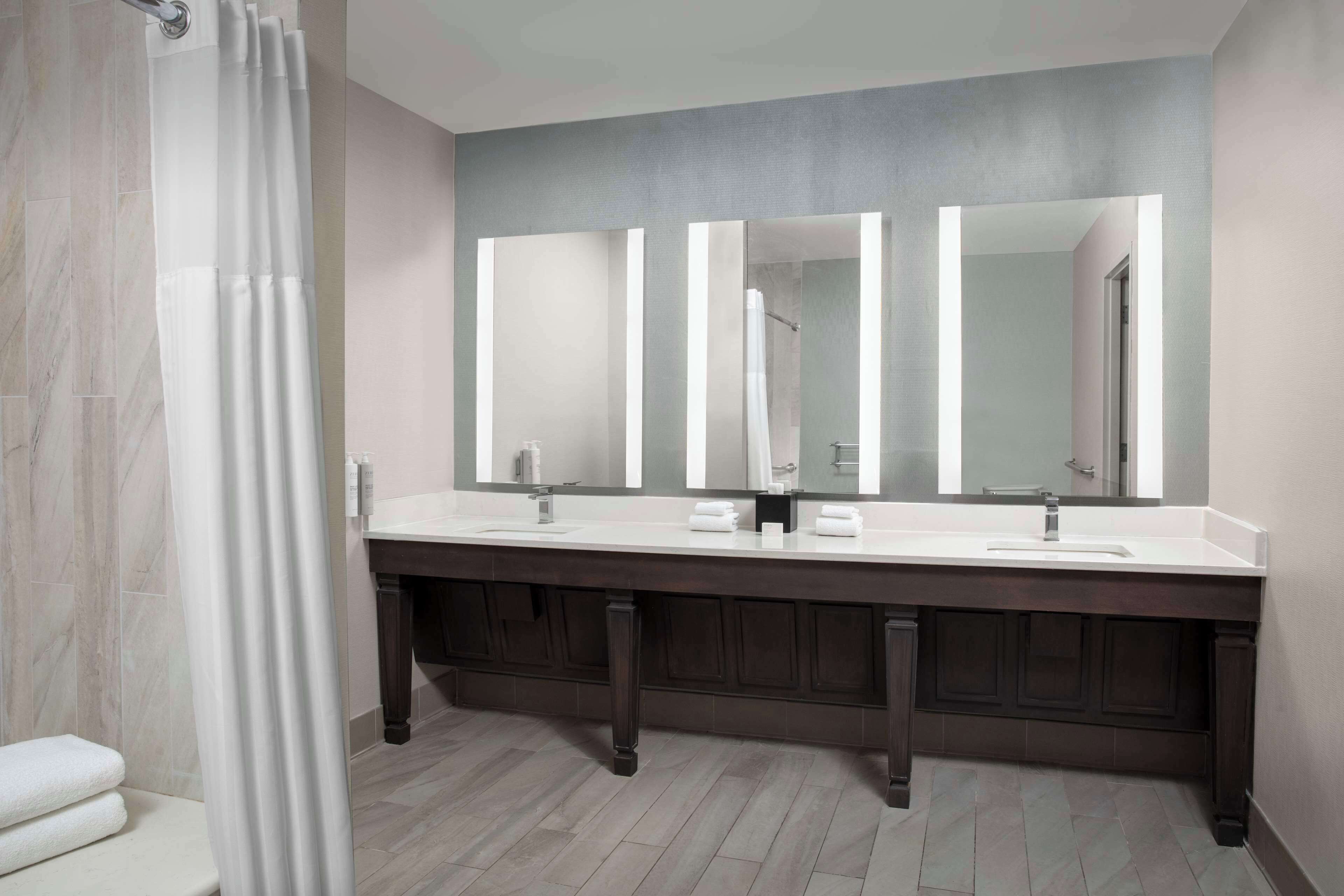A modern bathroom with a double sink vanity, a large mirror, and a shower area.