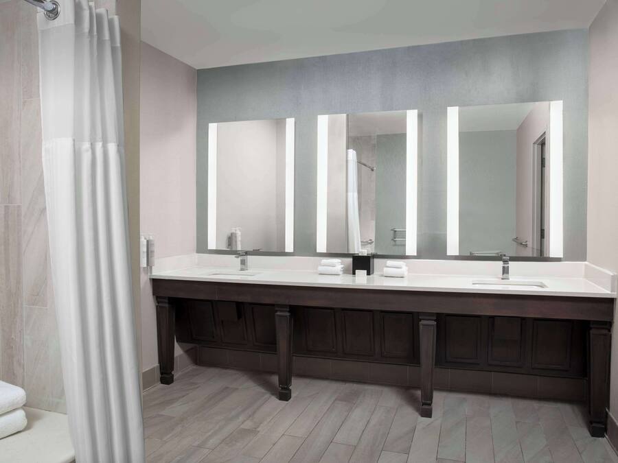 A modern bathroom with a double sink vanity, a large mirror, and a shower area.