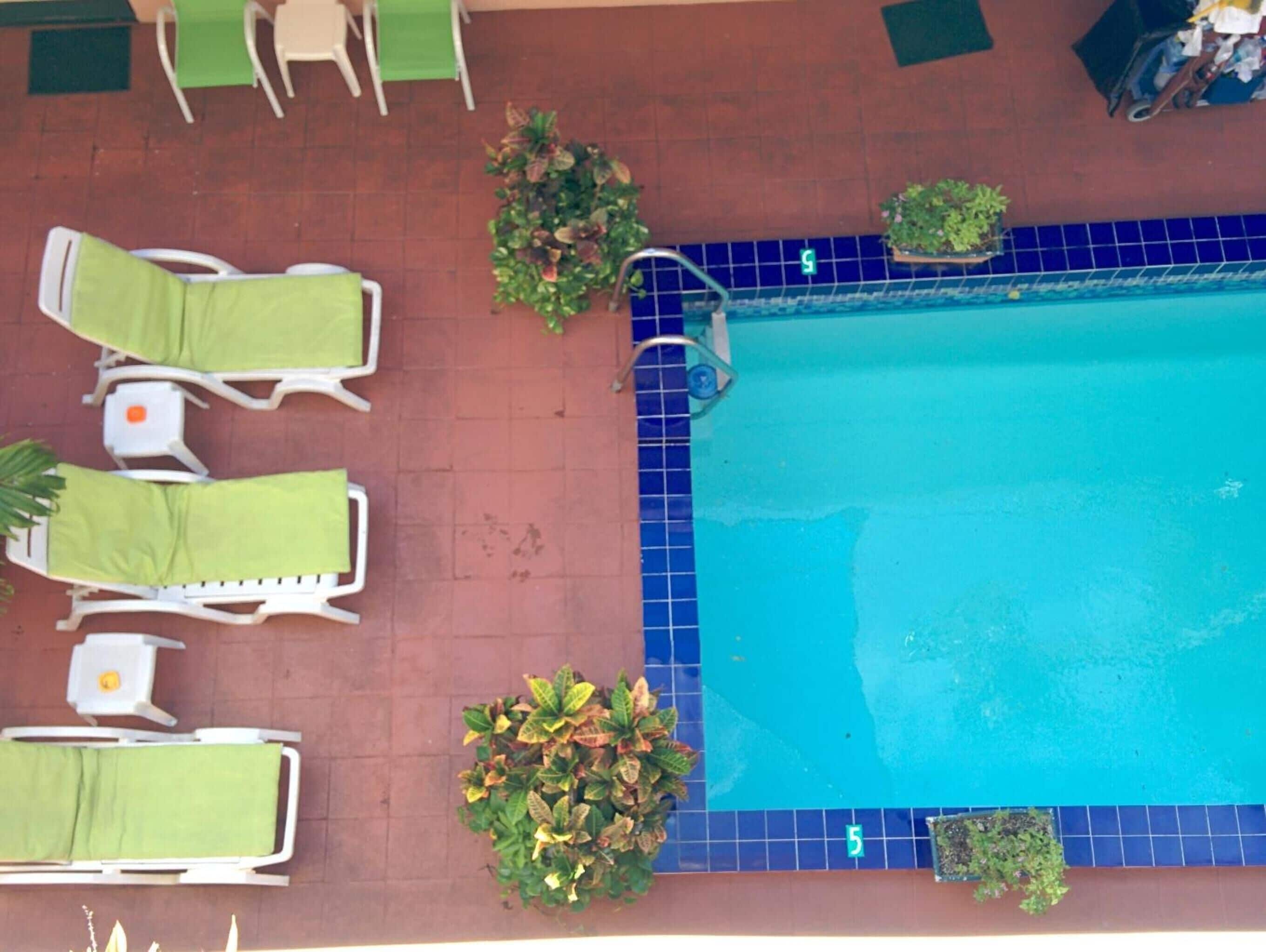 Vista aérea de un área de piscina con sillones de descanso y plantas en macetas.
