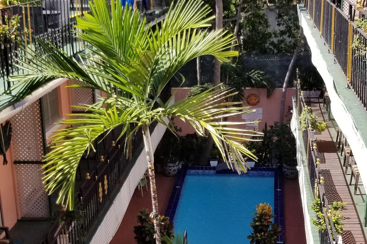 A multi-level outdoor area with a swimming pool, palm trees, and outdoor seating.