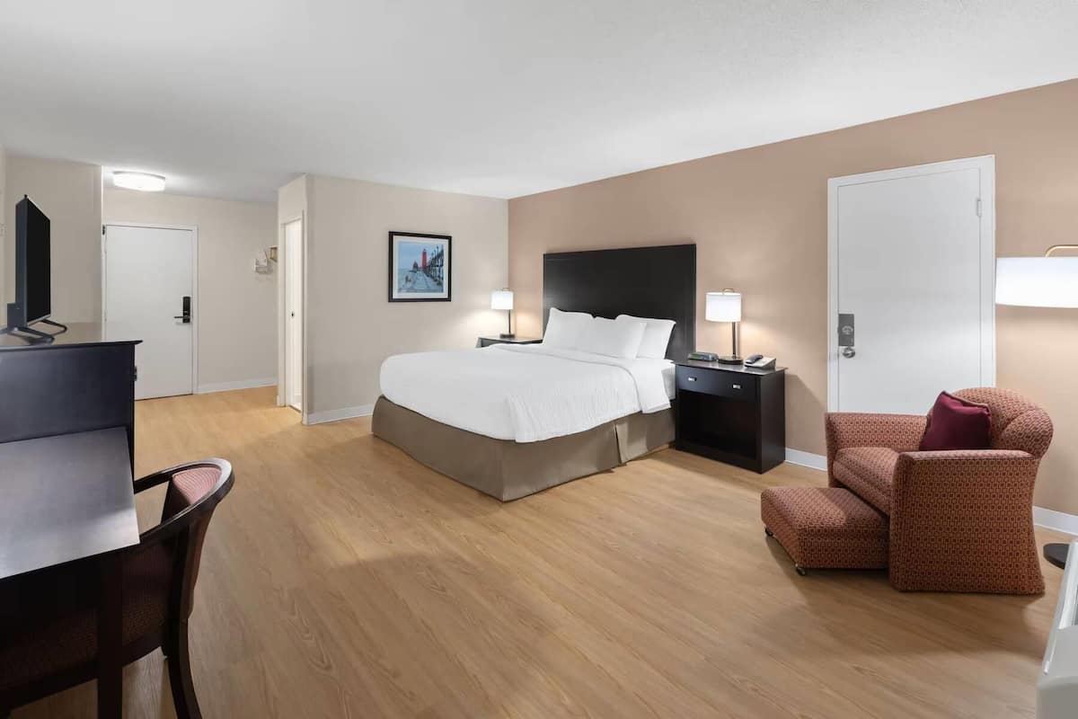 Standard Room, 1 King Bed, Non Smoking | Desk, laptop workspace, blackout drapes, iron/ironing board