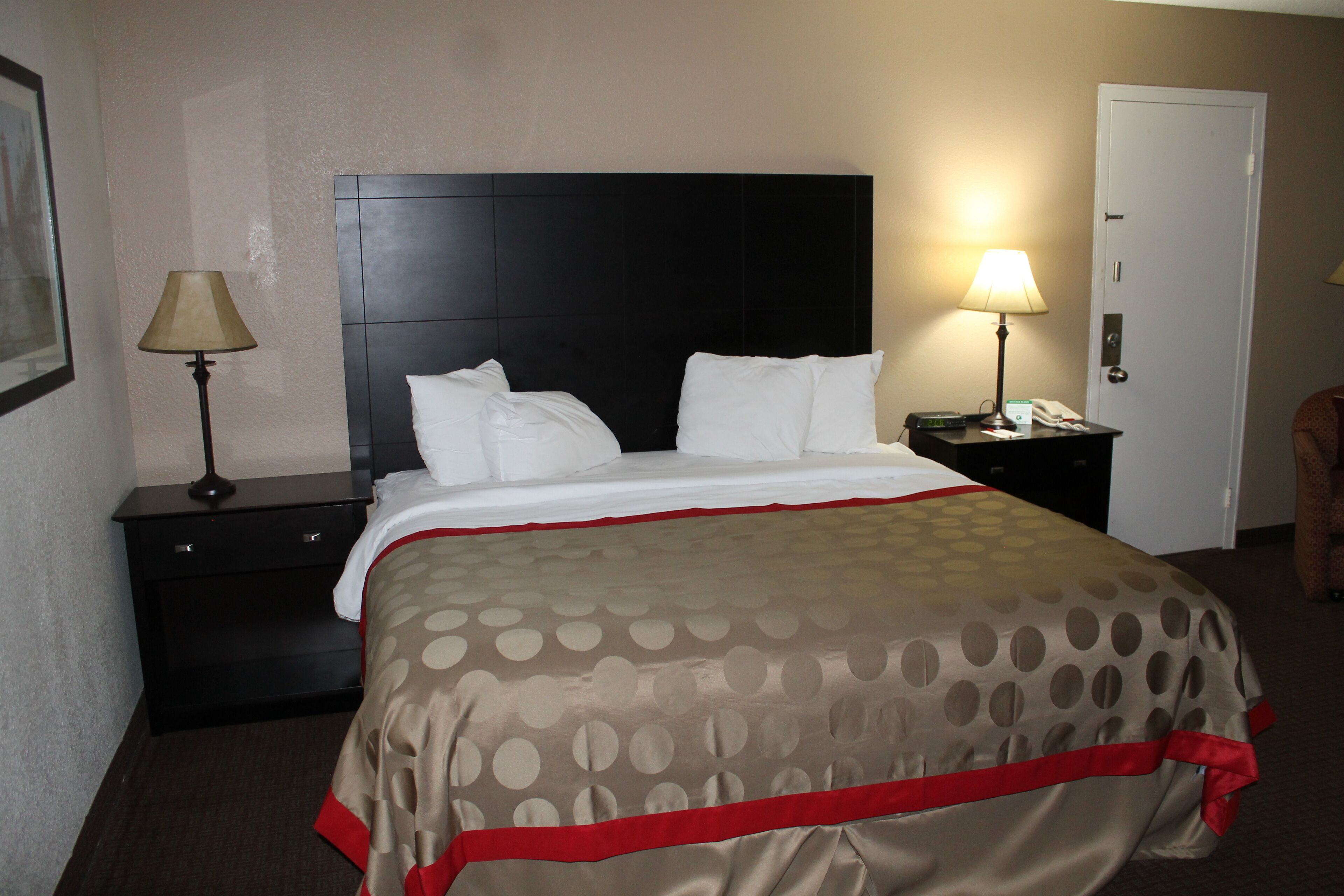 A hotel room with a bed, a nightstand, a lamp, and a door.