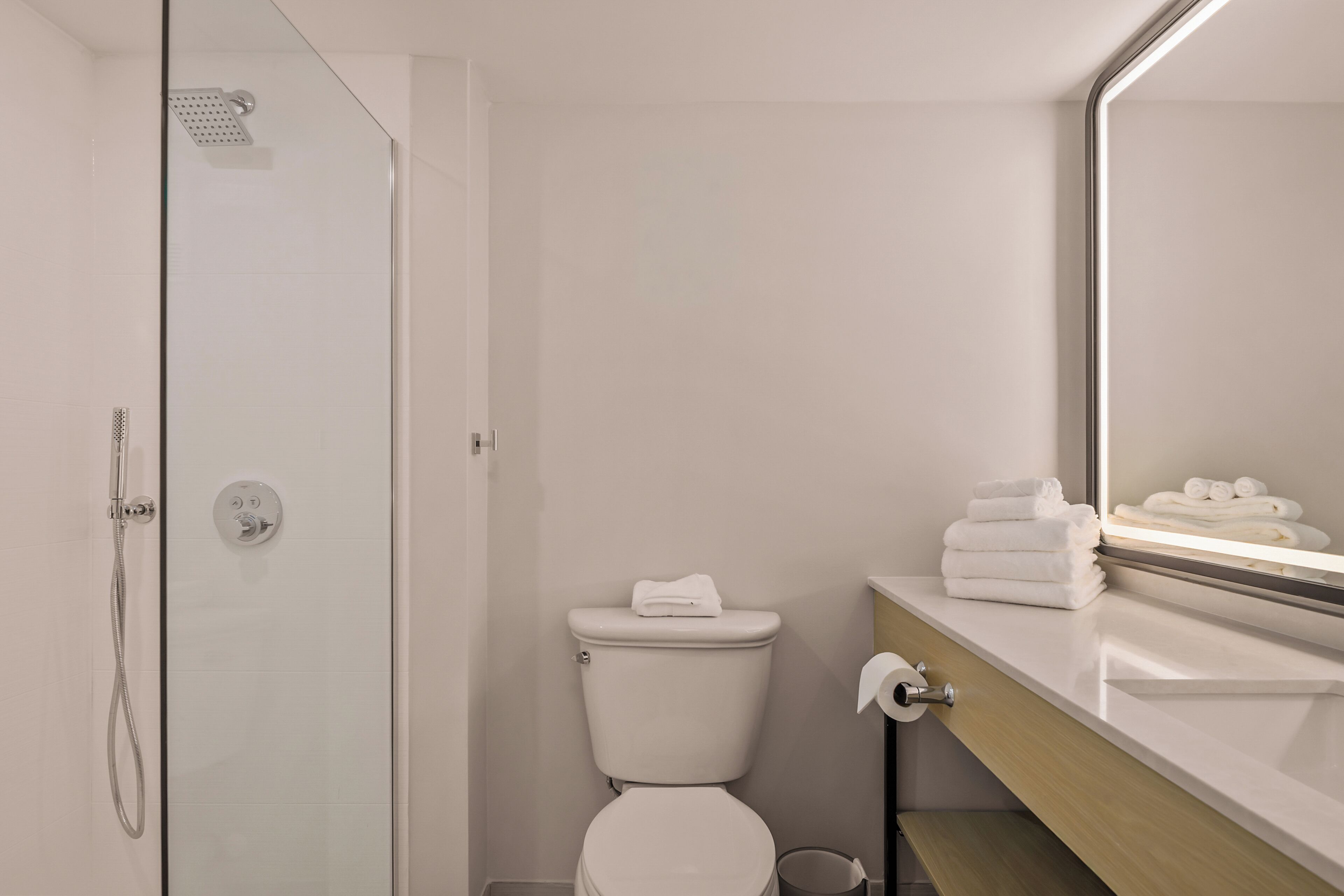 A modern bathroom with a glass-enclosed shower, a toilet, and a vanity with a mirror.