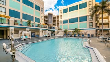 Outdoor pool, pool umbrellas, sun loungers