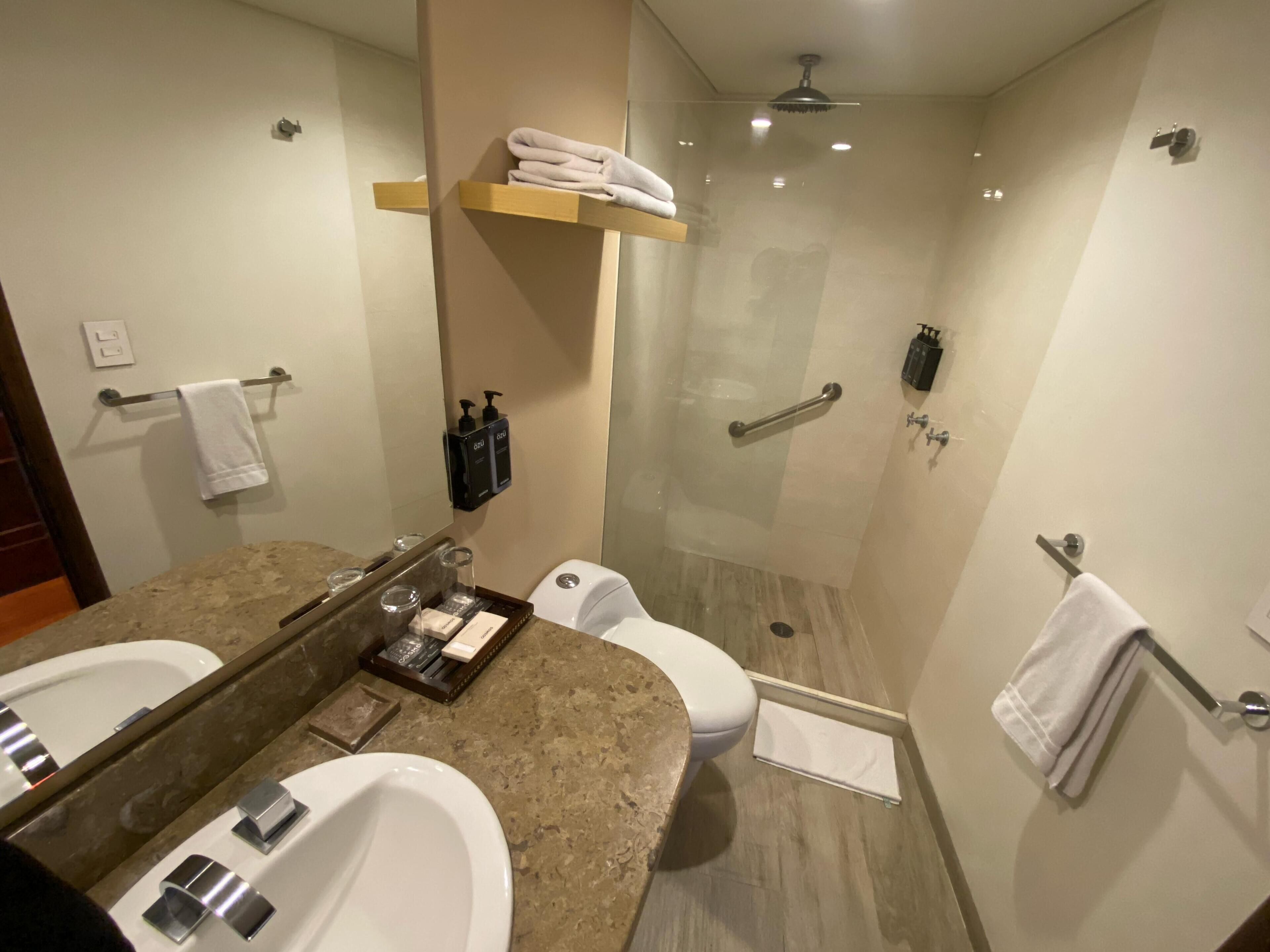 A modern bathroom with two sinks, a glass shower enclosure, and a towel rack.