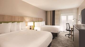 Hypo-allergenic bedding, desk, blackout curtains, soundproofing