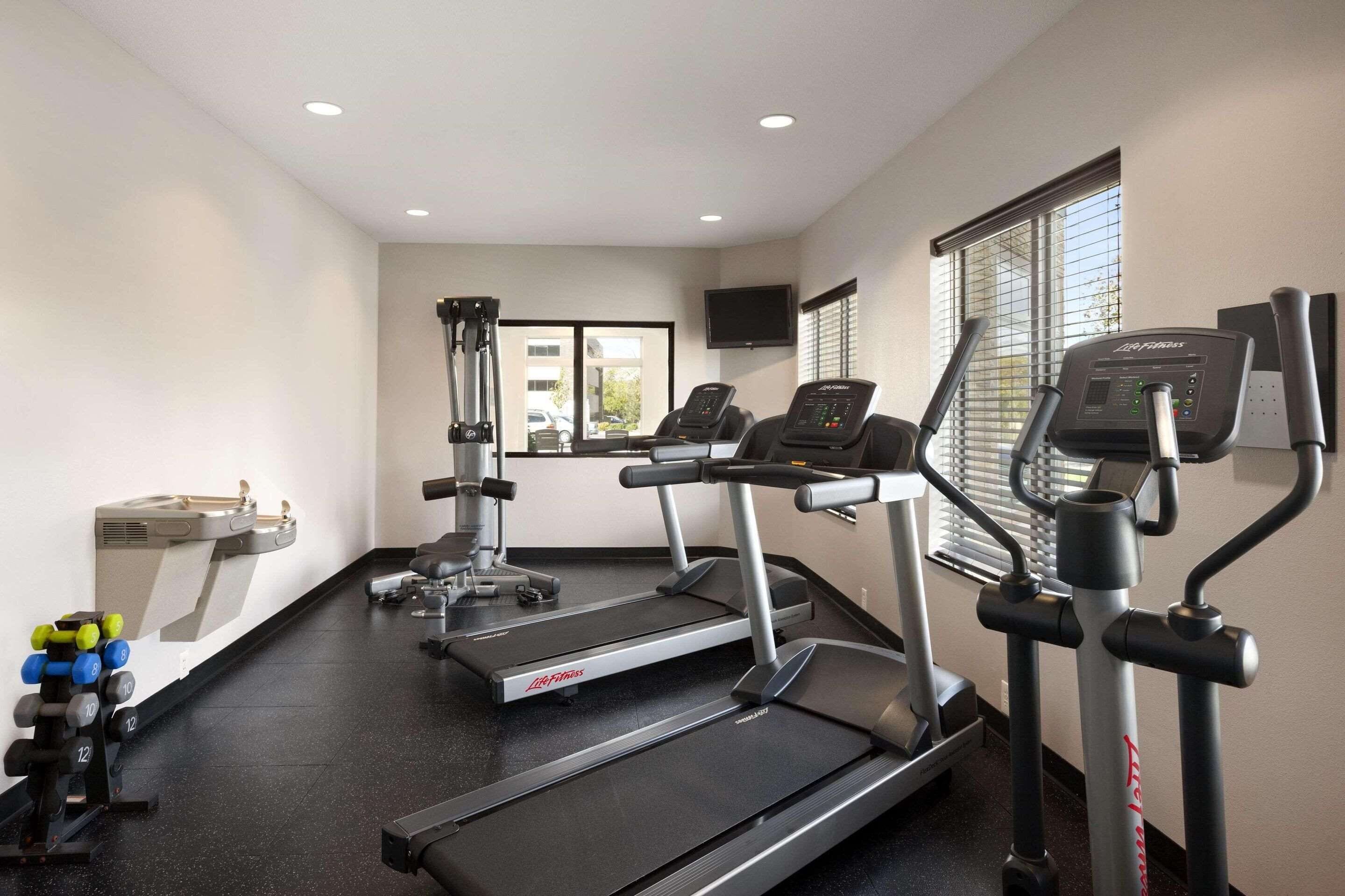 Un gimnasio con cintas de correr, un banco de pesas y mancuernas.