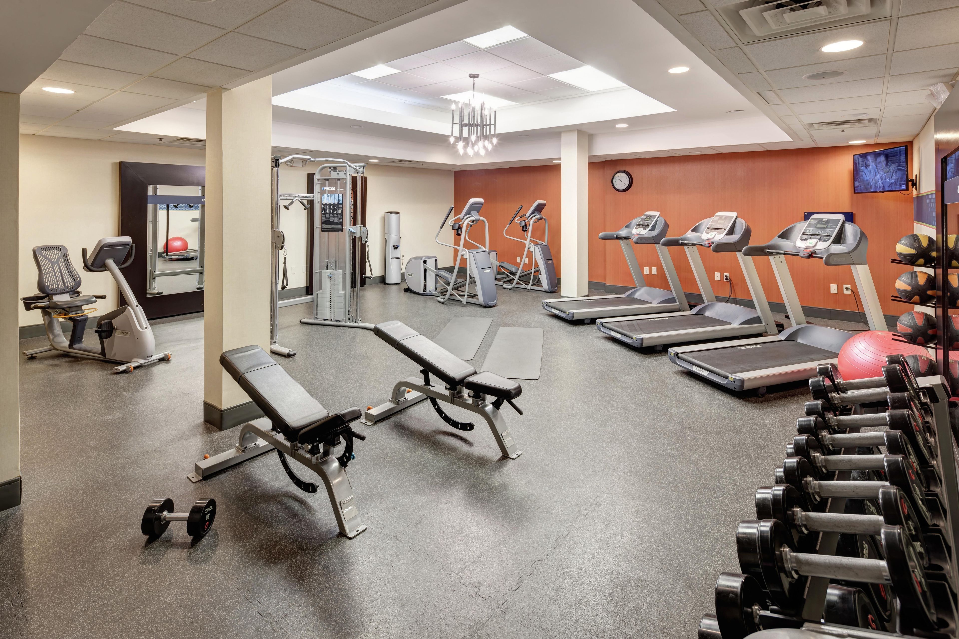 A gym with treadmills, elliptical machines, a bench press, and free weights.