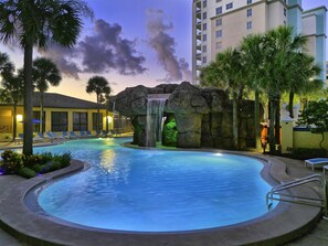 2 outdoor pools, open 7:00 AM to 9:00 PM, pool umbrellas, pool loungers
