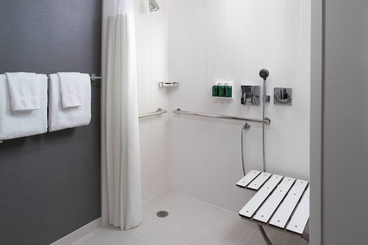Combined shower/bathtub, free toiletries, hair dryer, towels