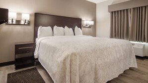 A hotel room with a large bed, a nightstand, a flat-screen TV, a wall-mounted lamp, and a window with curtains. - Red Roof Inn PLUS+ & Suites Erie (Erie)