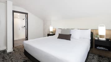 A hotel room with a large bed, two bedside tables with lamps, a door leading to a bathroom, and a small potted plant on one of the tables.