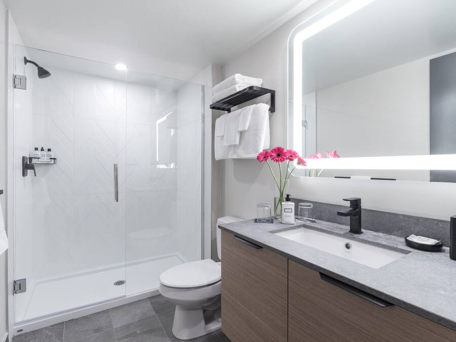 A modern bathroom with a glass-enclosed shower, a toilet, a sink with a mirror, and a vanity with cabinets.