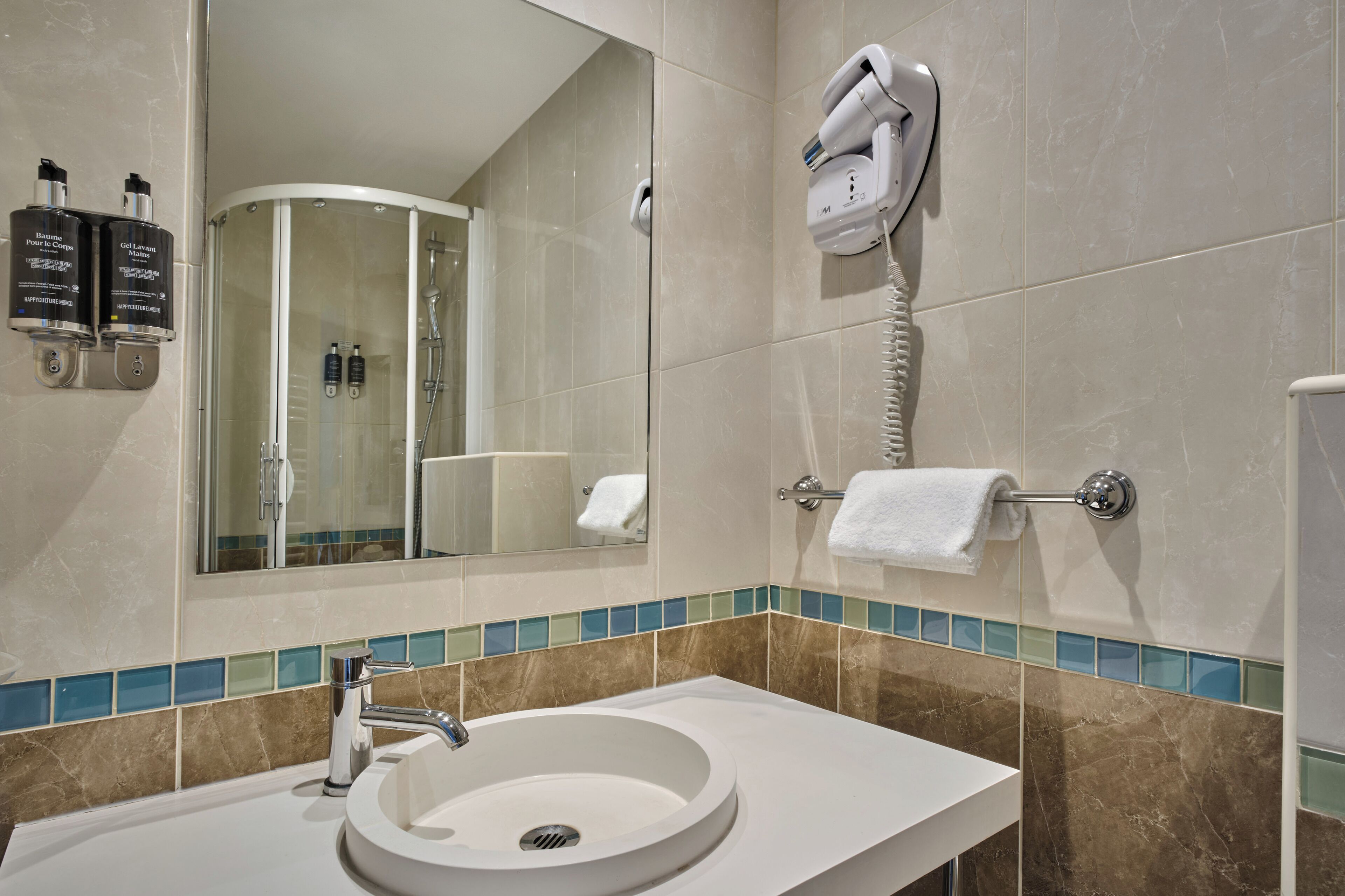 free toiletries, hair dryer, towels